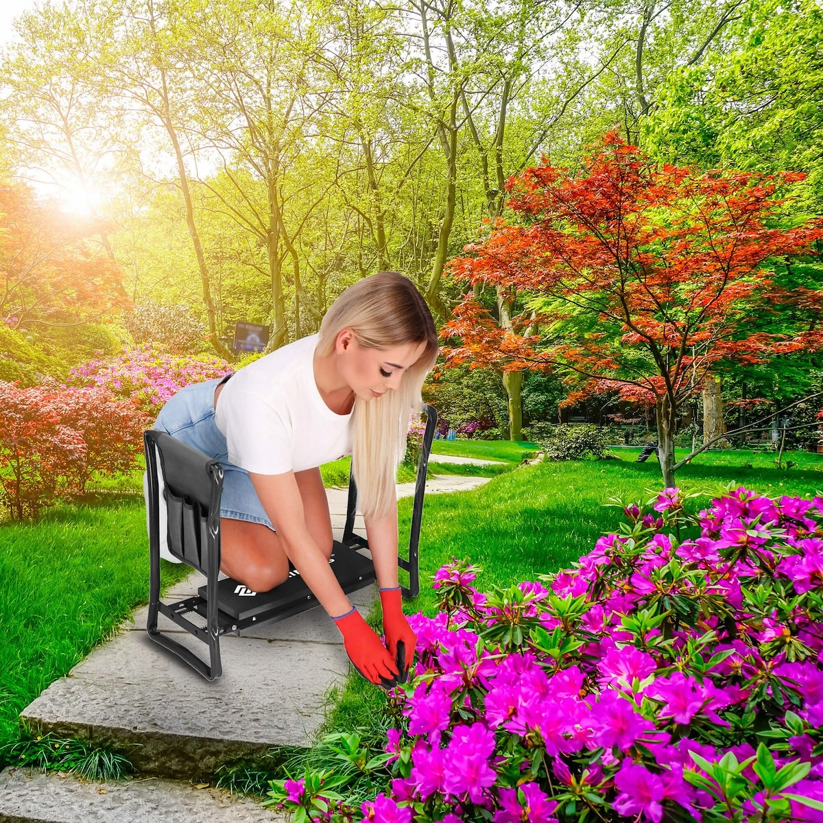 KLĘCZNIK OGRODOWY TABORET SKŁADANY SIEDZISKO SIODEŁKO KRZESŁO + PRZYBORNIK Kolor czarny