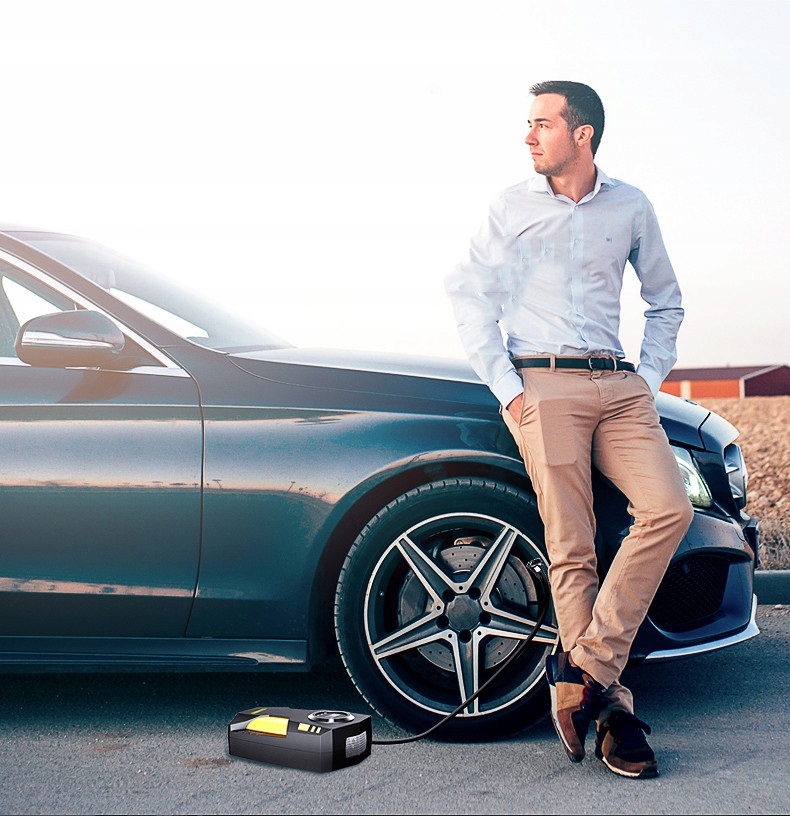 KOMPRESOR SAMOCHODOWY BEZOLEJOWY POMPKA DO KÓŁ ZESTAW SPRĘŻARKA 12V LED LCD Model A21 KC7 przenośna do pontonu gniazdo ładowarki