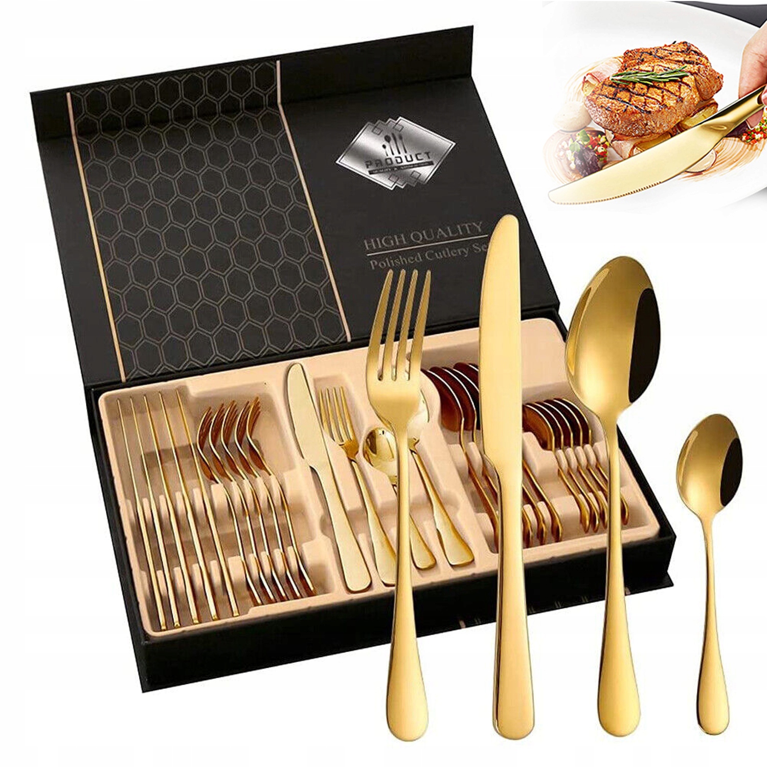 Zlatá Sada Příborů 24 Kusů Pro 6 Osob S Dárkovým Balíčkem