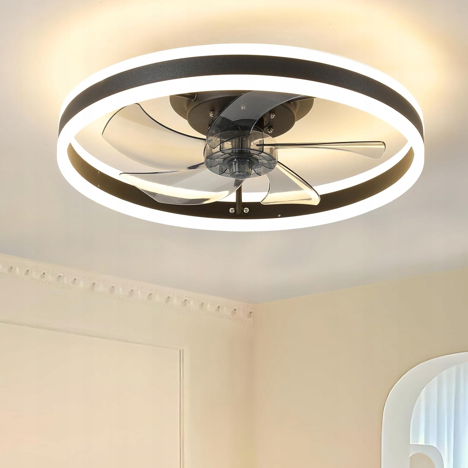 Lustr Stropní Ventilátor Lampa Ring 50CM Stropní Svítidlo Větrák Černý