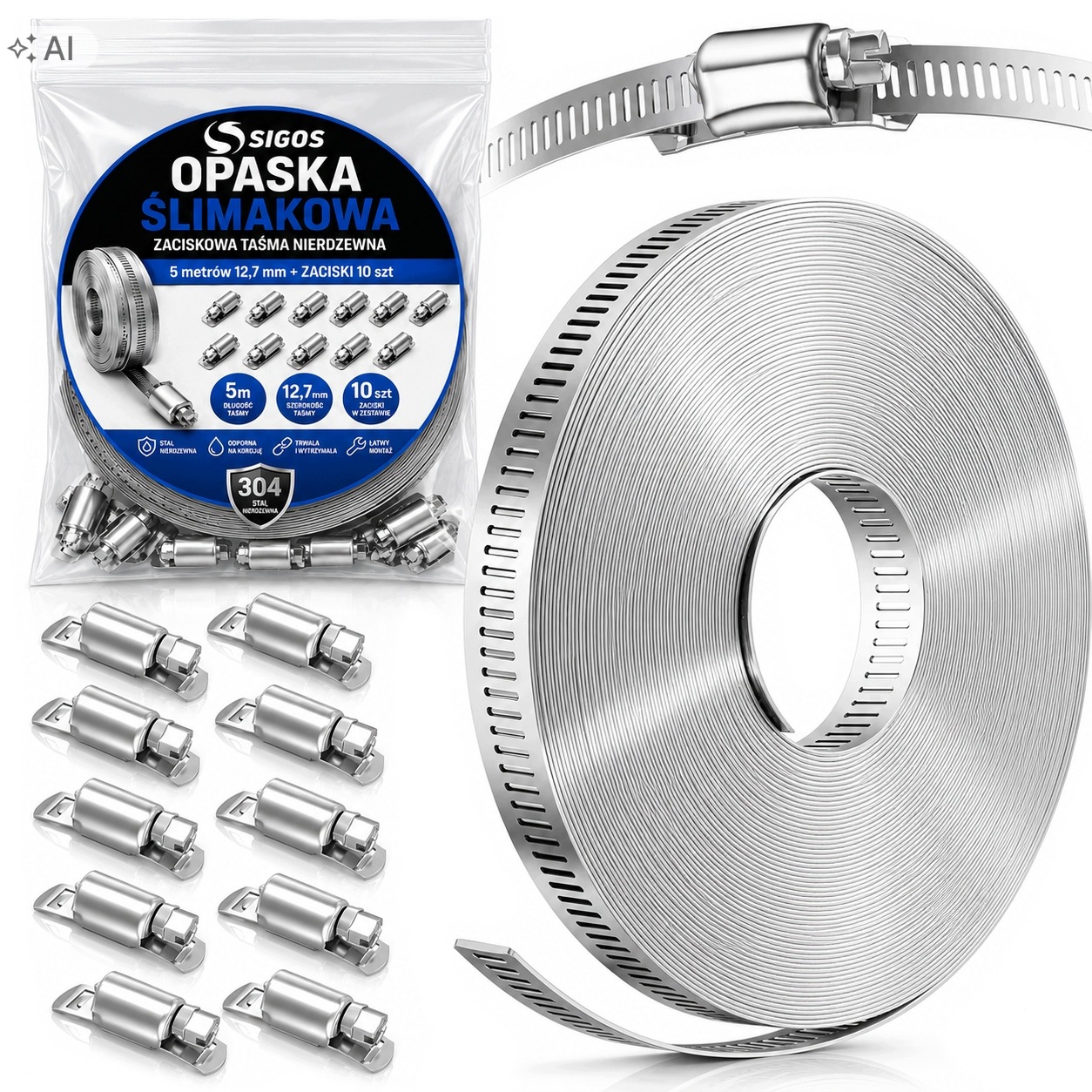 Opaska Ślimakowa Zaciskowa Taśma Nierdzewna 3.5m 12,7 mm Zaciski 10 szt