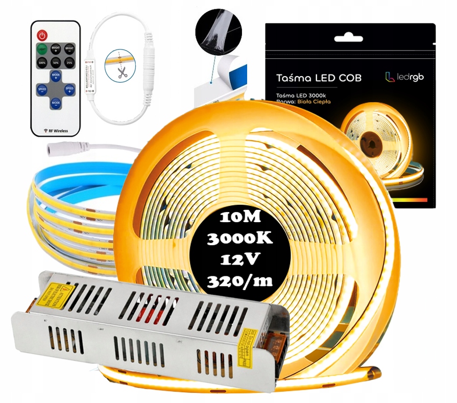 Zestaw Taśma Led Neon Cob 12V 10m 3000K Biała Ciepła Zasilacz Pilot 8mm