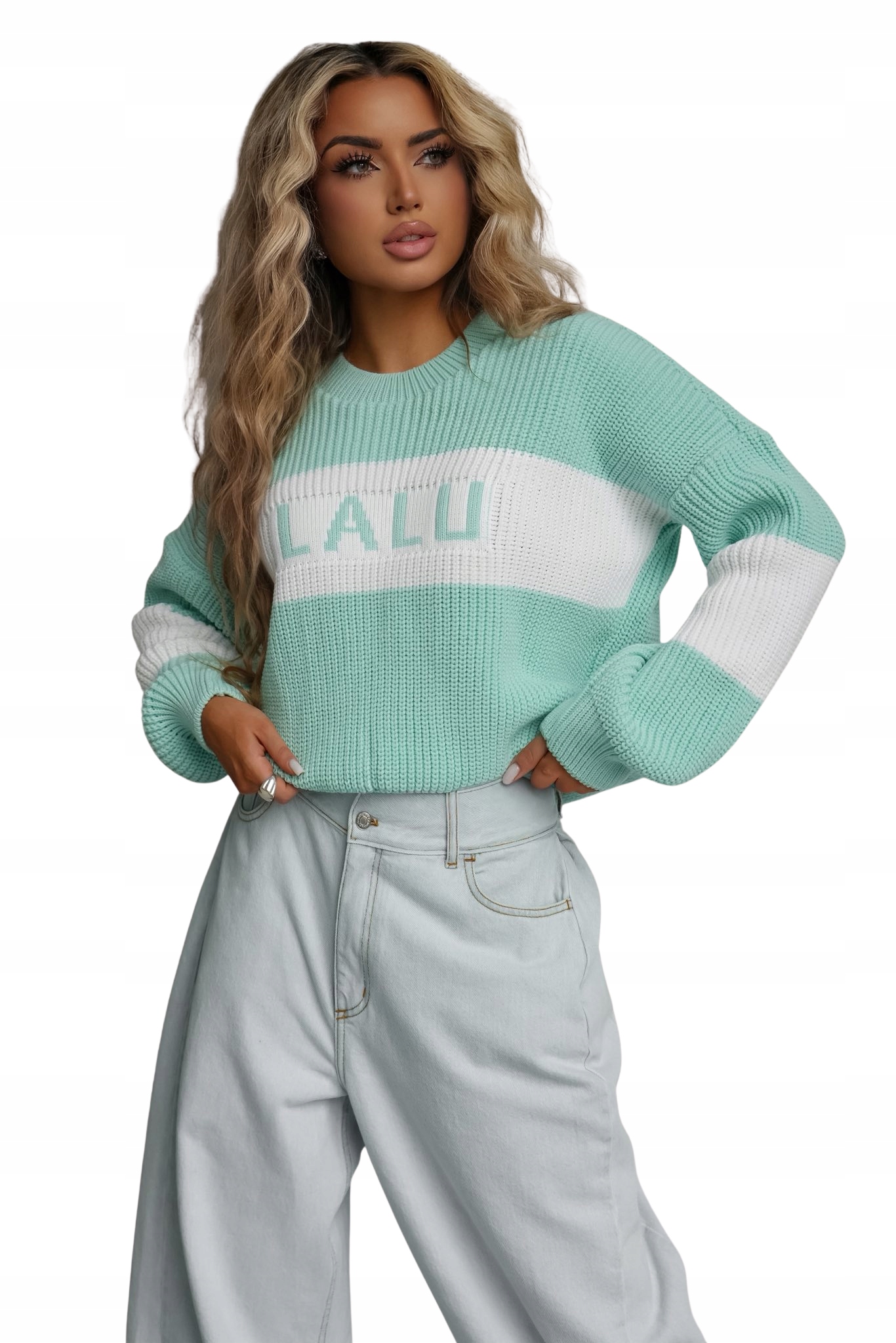 Dámský tlustý masitý svetr LaLu s velkým logem, mátově bílý