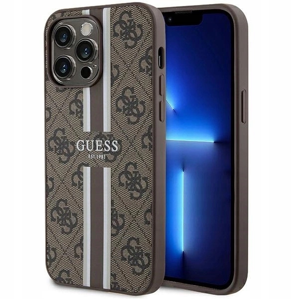 Pouzdro Guess 4G Printed Stripes MagSafe na iPhone 15 Pro Max hnědé