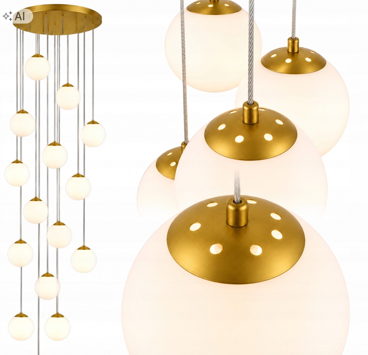 Lampa Antresola Klatka Schodowa Kule Złota 15 Kul 500CM Darmat Light 548