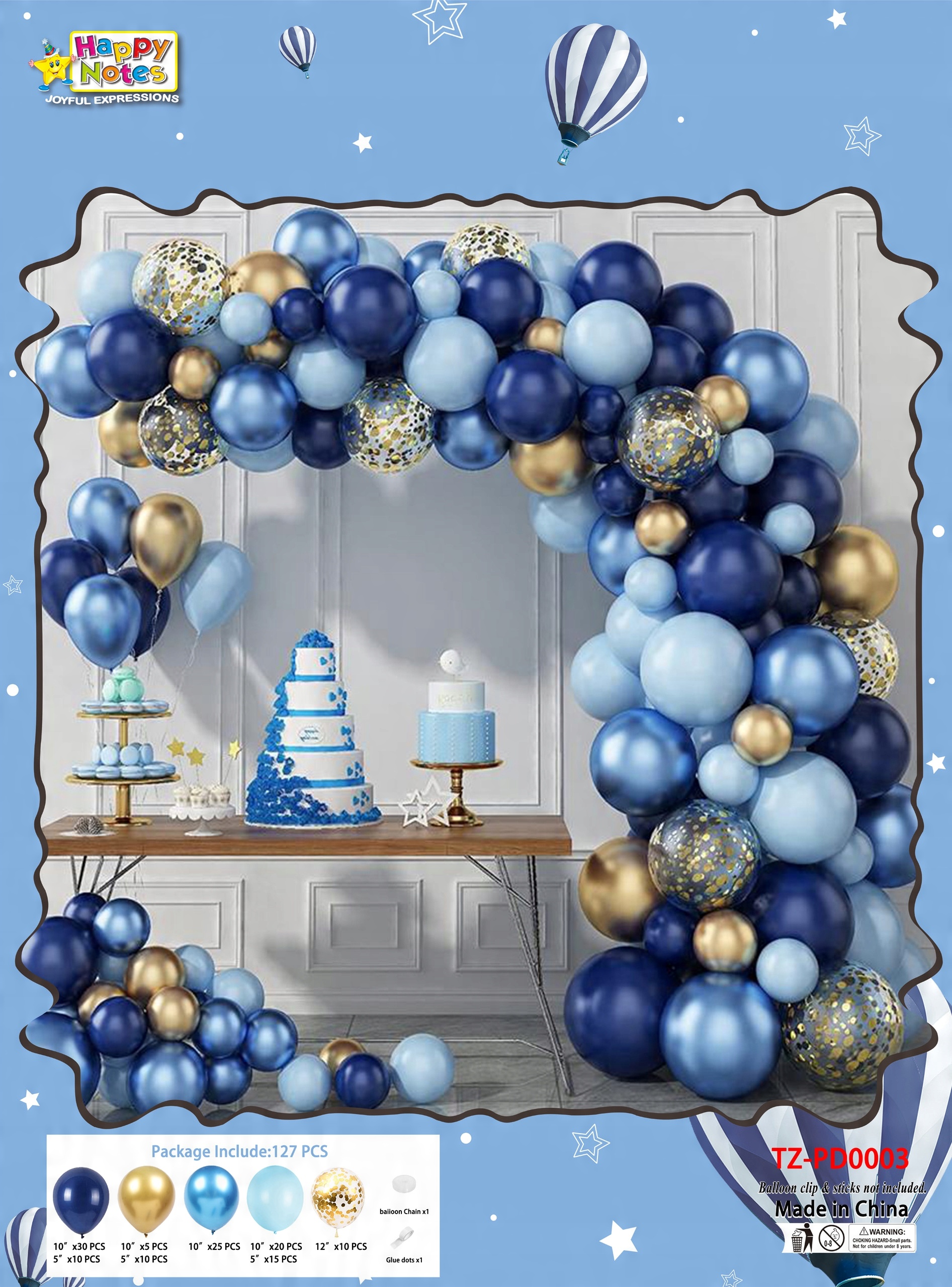 

Balony Niebieskie Złote Konfetti Girlanda Urodziny
