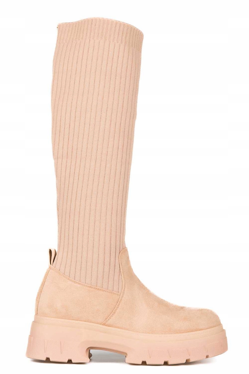 Béžové Vysoké Kozačky Na Platformě Slip On 38