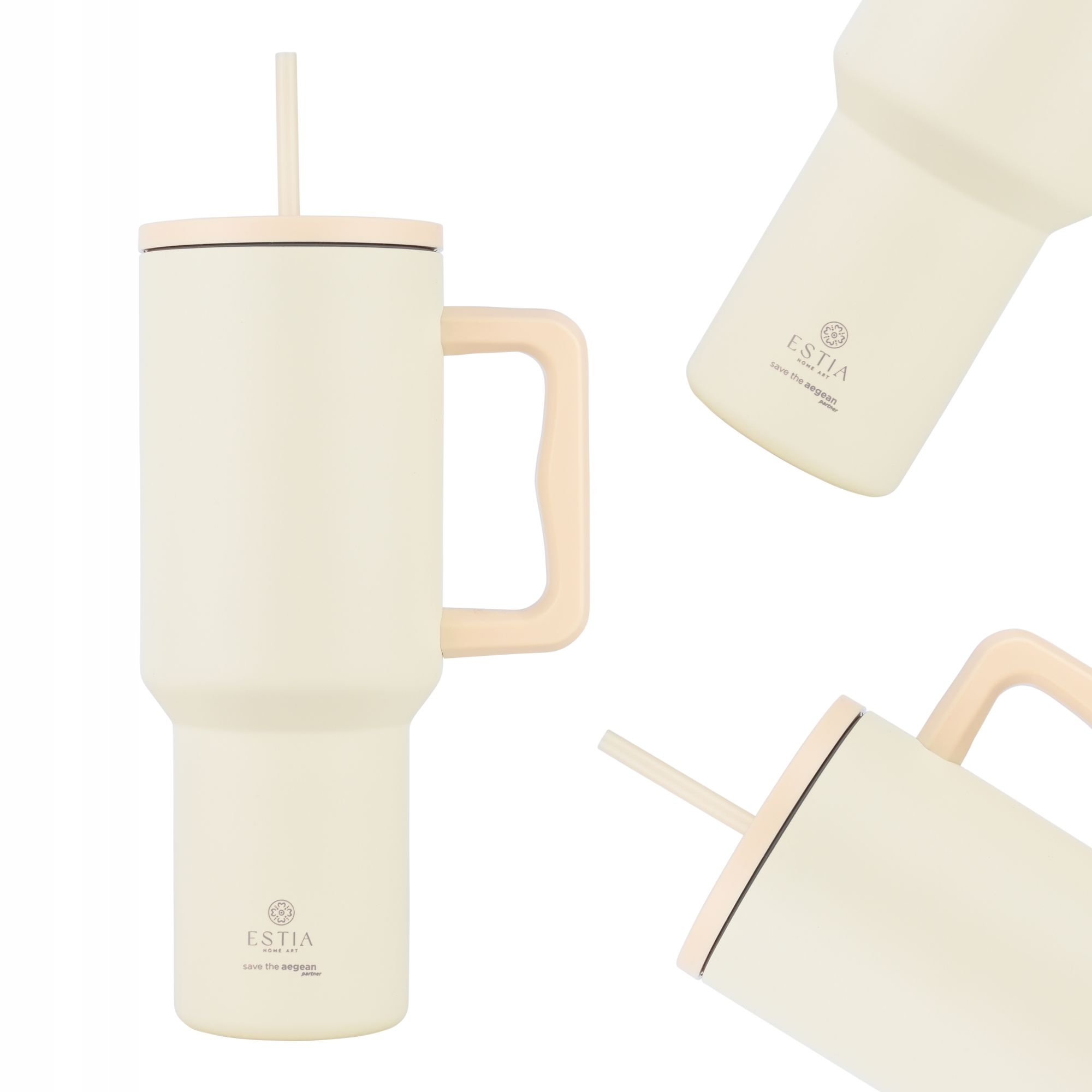 Velký Termohrnek S Slámkou 1200 ml krémový na kávu a čaj s rukojetí