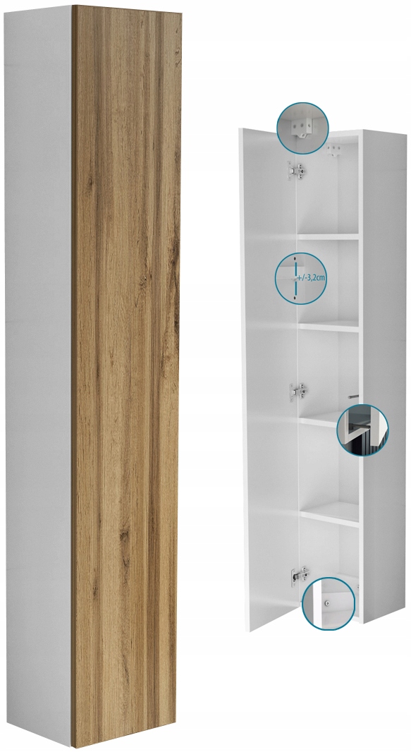 WISZĄCY SŁUPEK do łazienki 160 biały + dąb wotan