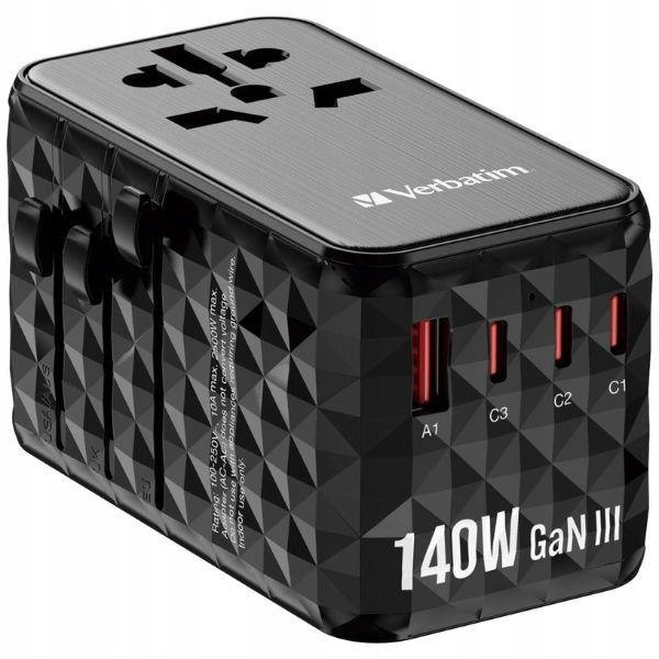 Verbatim Adapter podróżny Eu/uk/us GaNUSB-A/3xUSB-C Pd 140W UTA-10 czarny/b