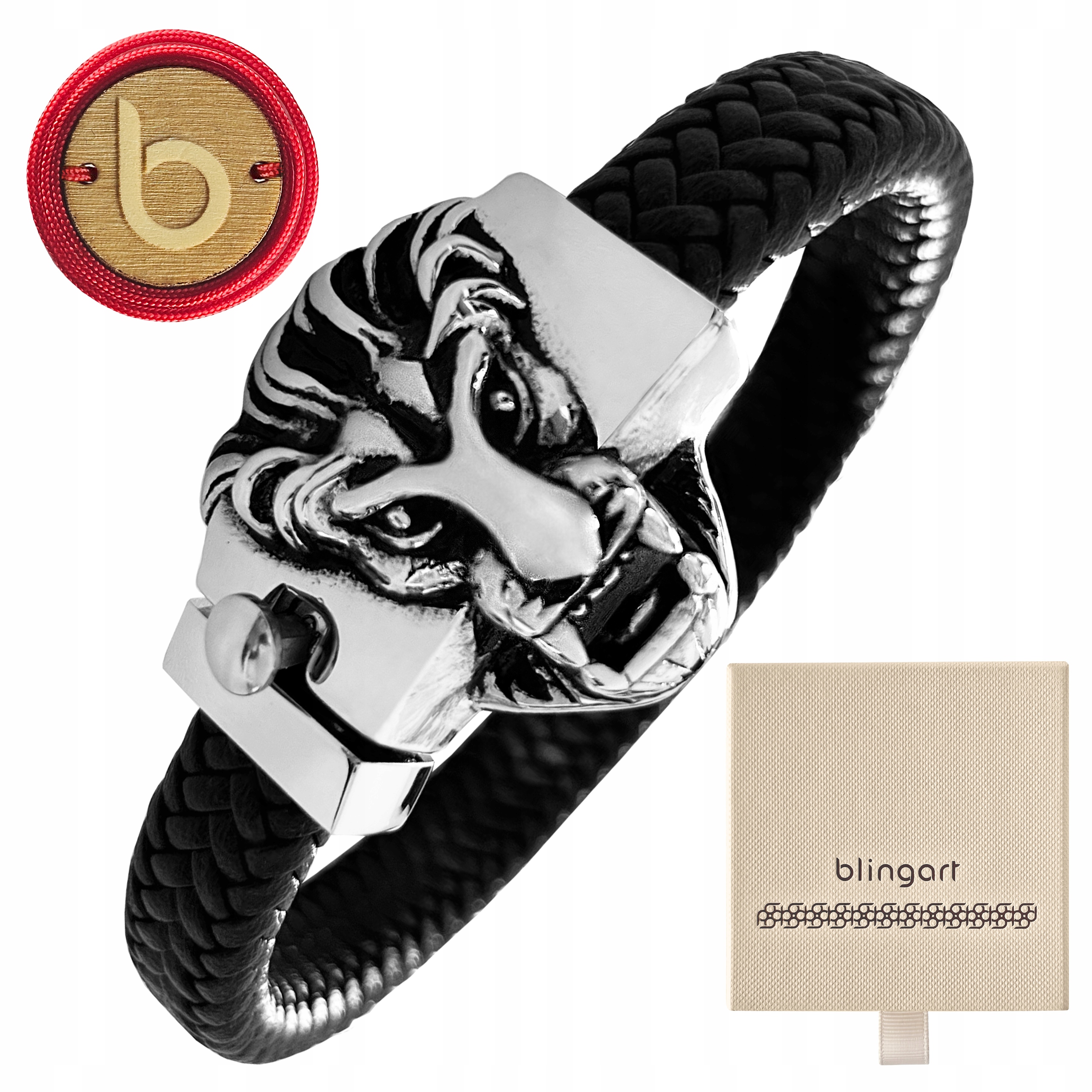 Pánský náramek kožený černý pletený Lev ocel Blingart