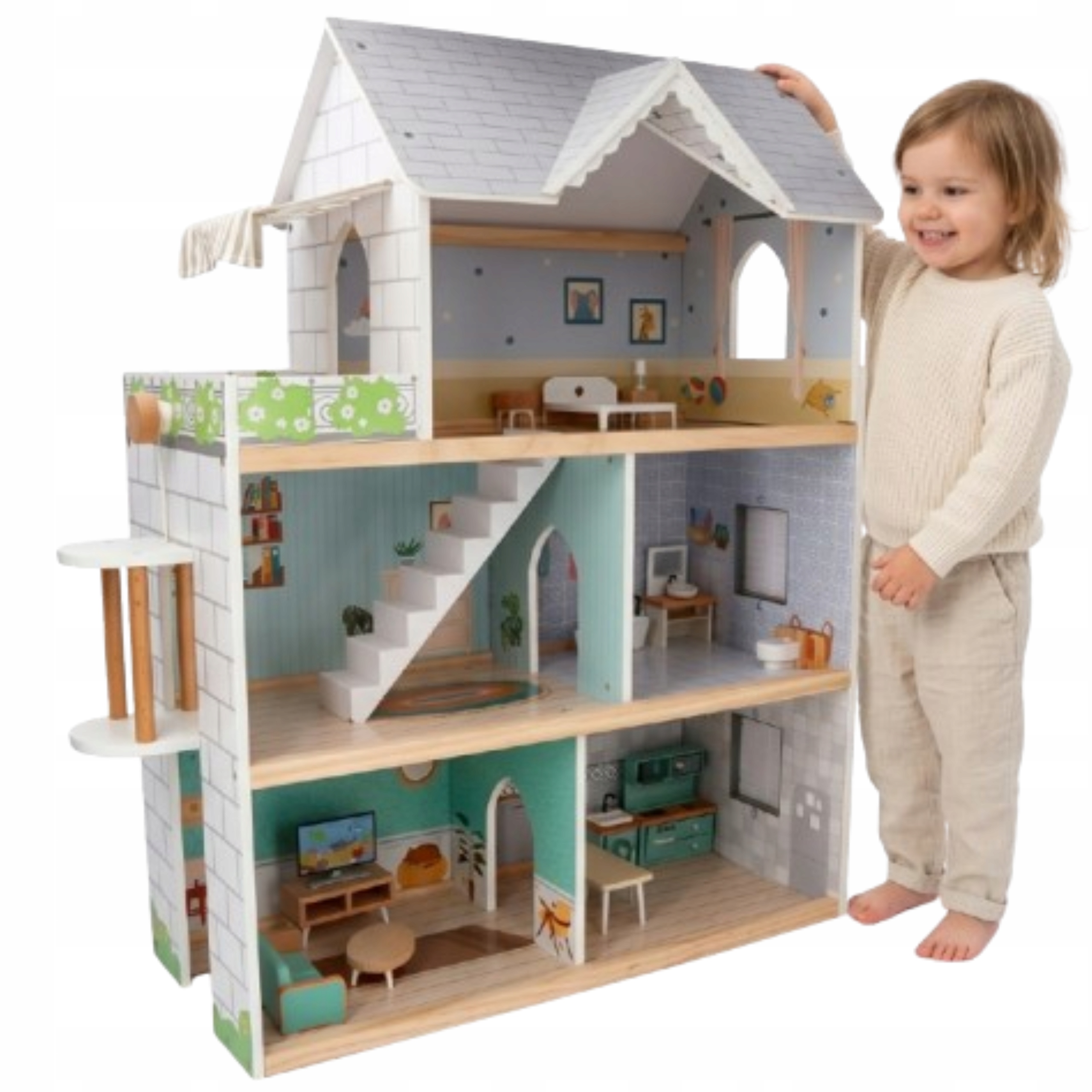 Drewniany Domek Dla Lalek 81,5 x 26,5 x 71 CM Domek Do Zabawy Lalkami XXL