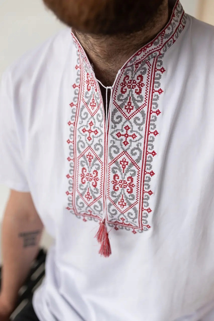 Pánská polokošile s výšivkou folk S, bílá