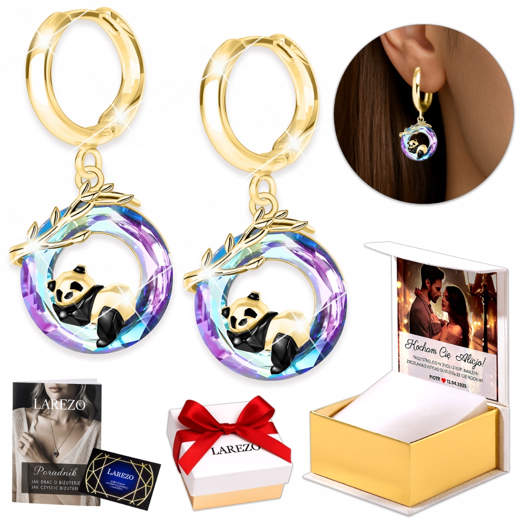 Zlaté Náušnice 925 Fialové Křišťálové Pandy Barevná Kolečka Medvídek Panda