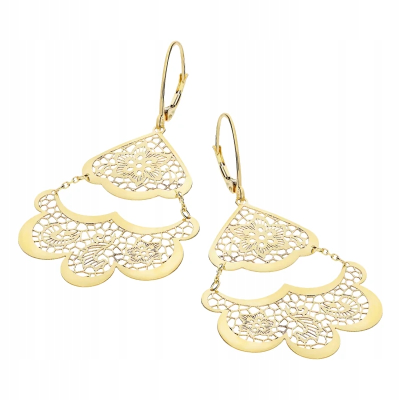 Zlaté náušnice pro ženy 585 závěsné prolamované vějíře jako dárek 3,30g