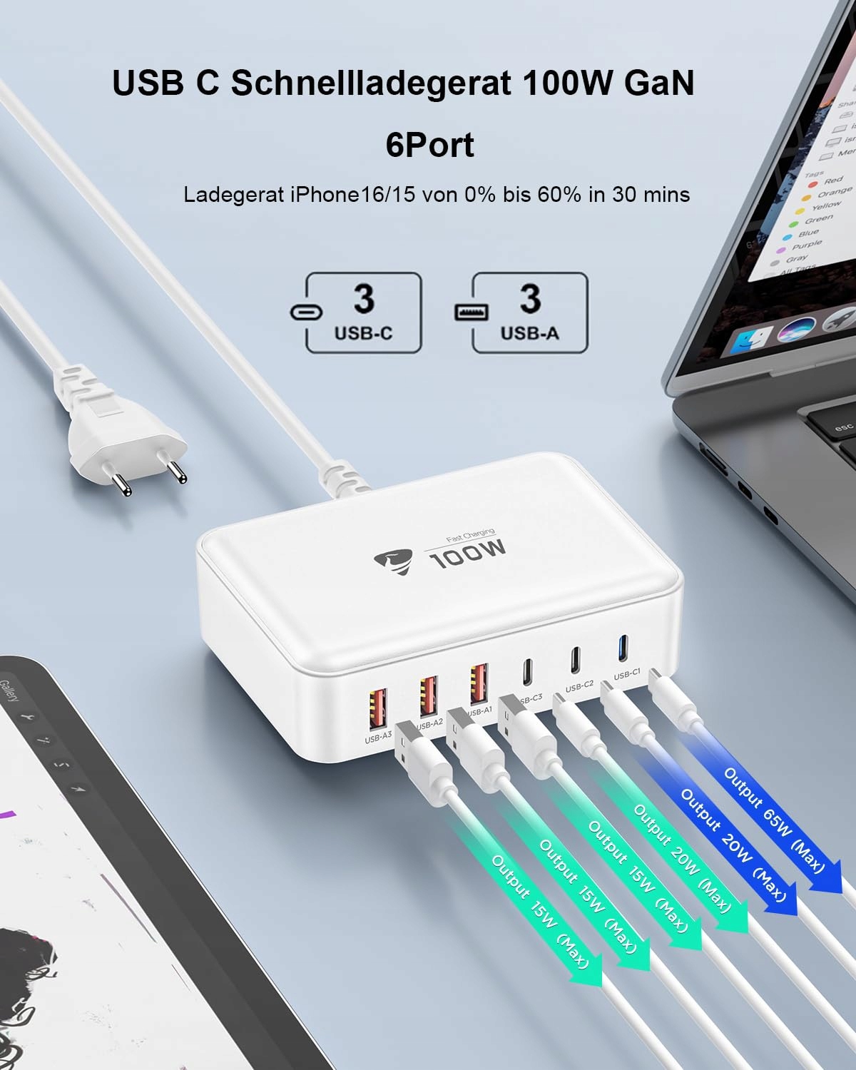 Aione USB C ŁADOWARKA 100W 6-Port do iPhone iPad MacBook — miniatura 2