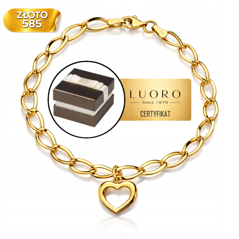 Zlatý Náramek 585 14K S Dlouhými Články, Obrys Srdce 18 CM Elegantní