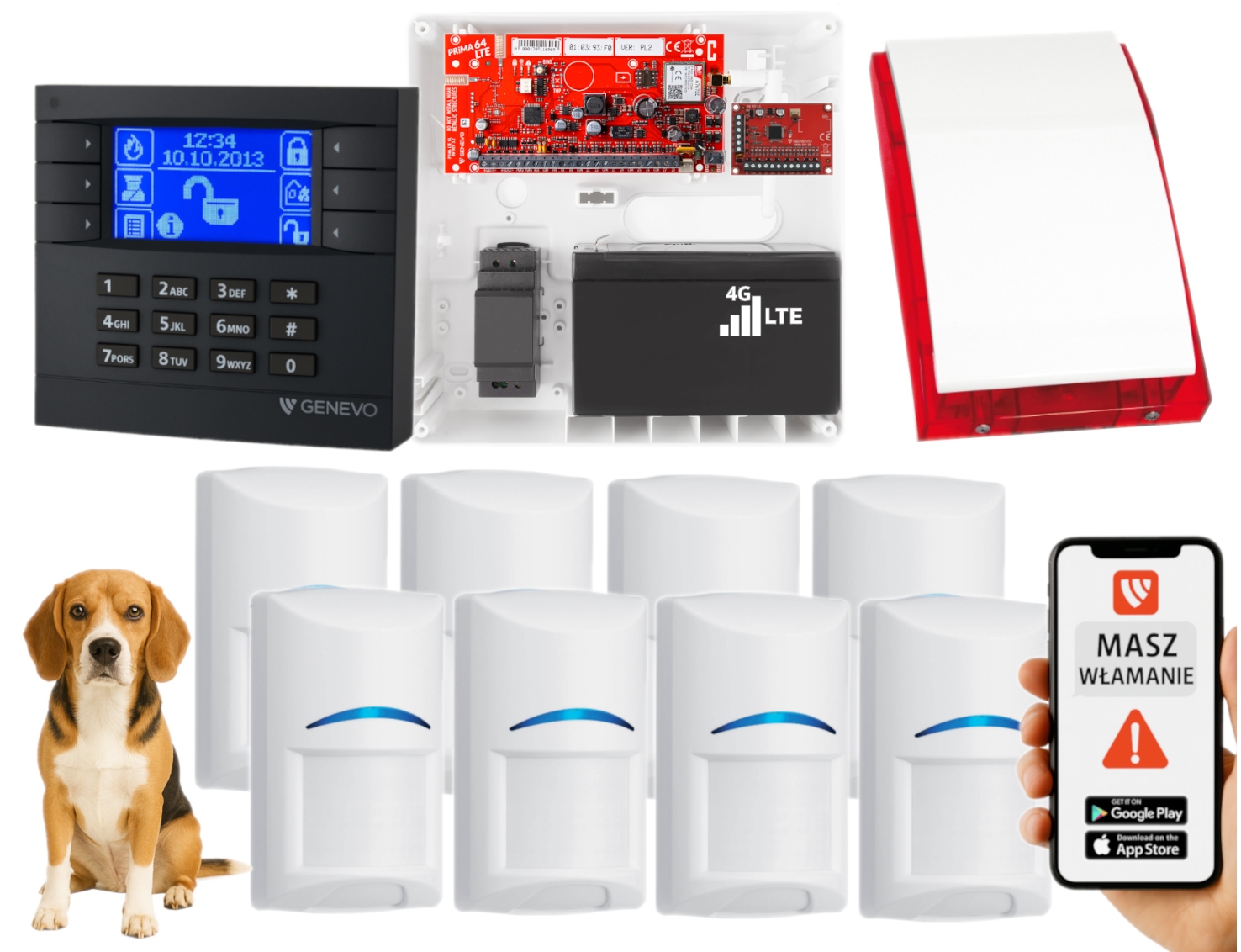 System Alarmowy Genevo PRiMA64LTE Gsm 8 Czujek Bosch Pet 20kg Panel LCD App