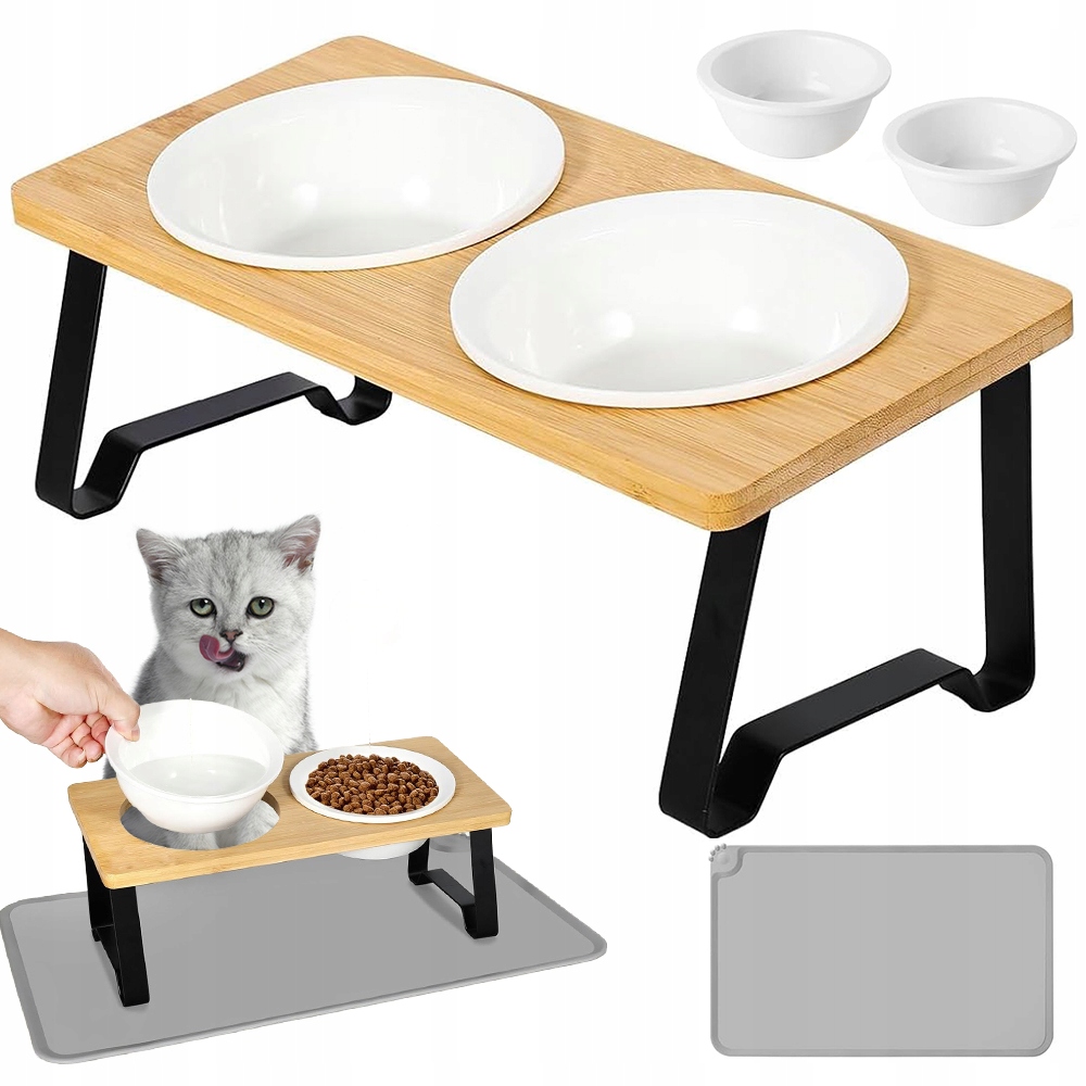 Levně Keramické Misky Pro Kočky S Bambusovým Stojanem A Silikonovou Podložkou