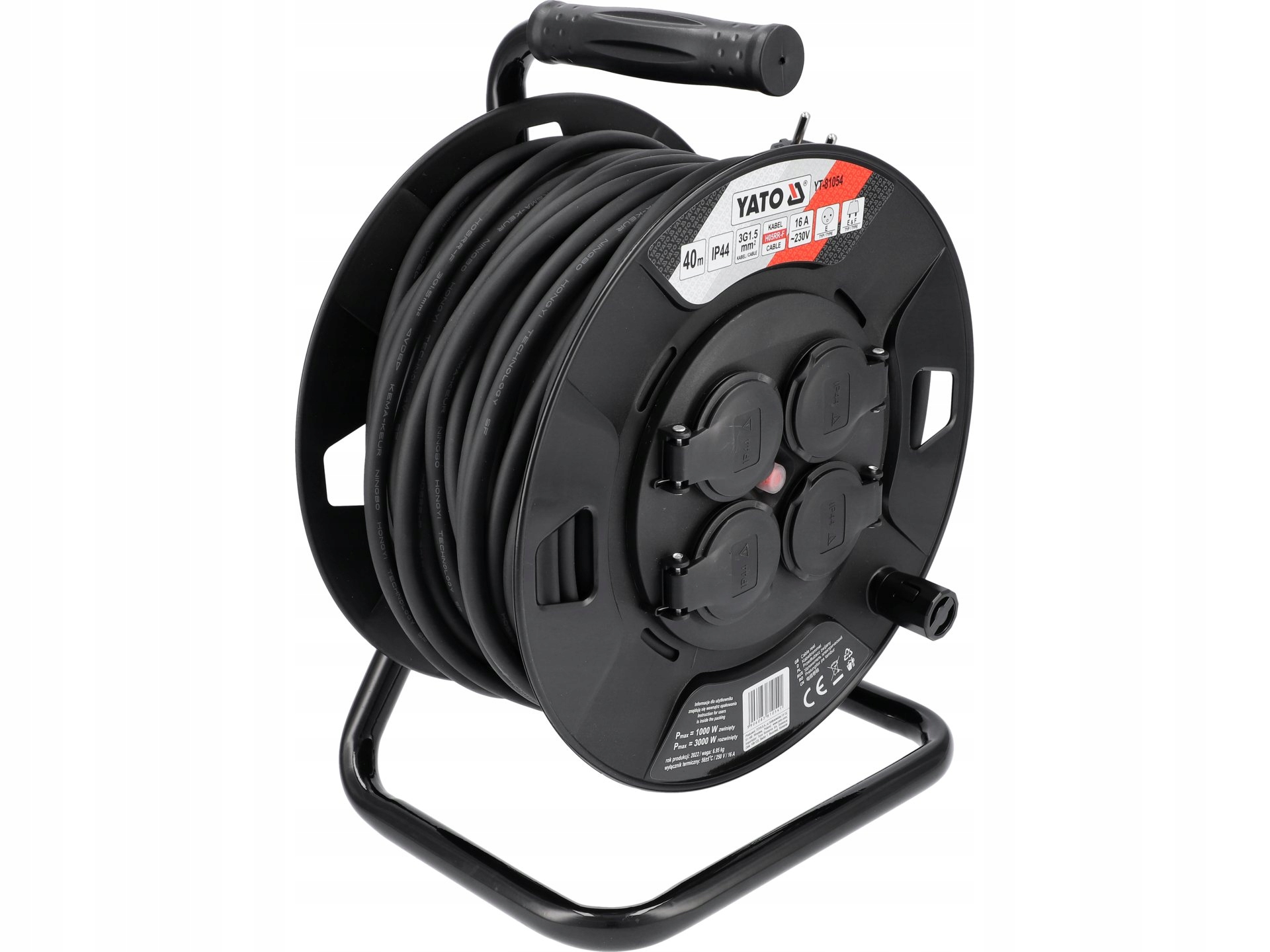 Prodlužovací Kabel Bubnový 40 M IP44 4 Zásuvky 3000 W S Bezpečnostními Prvky Yato