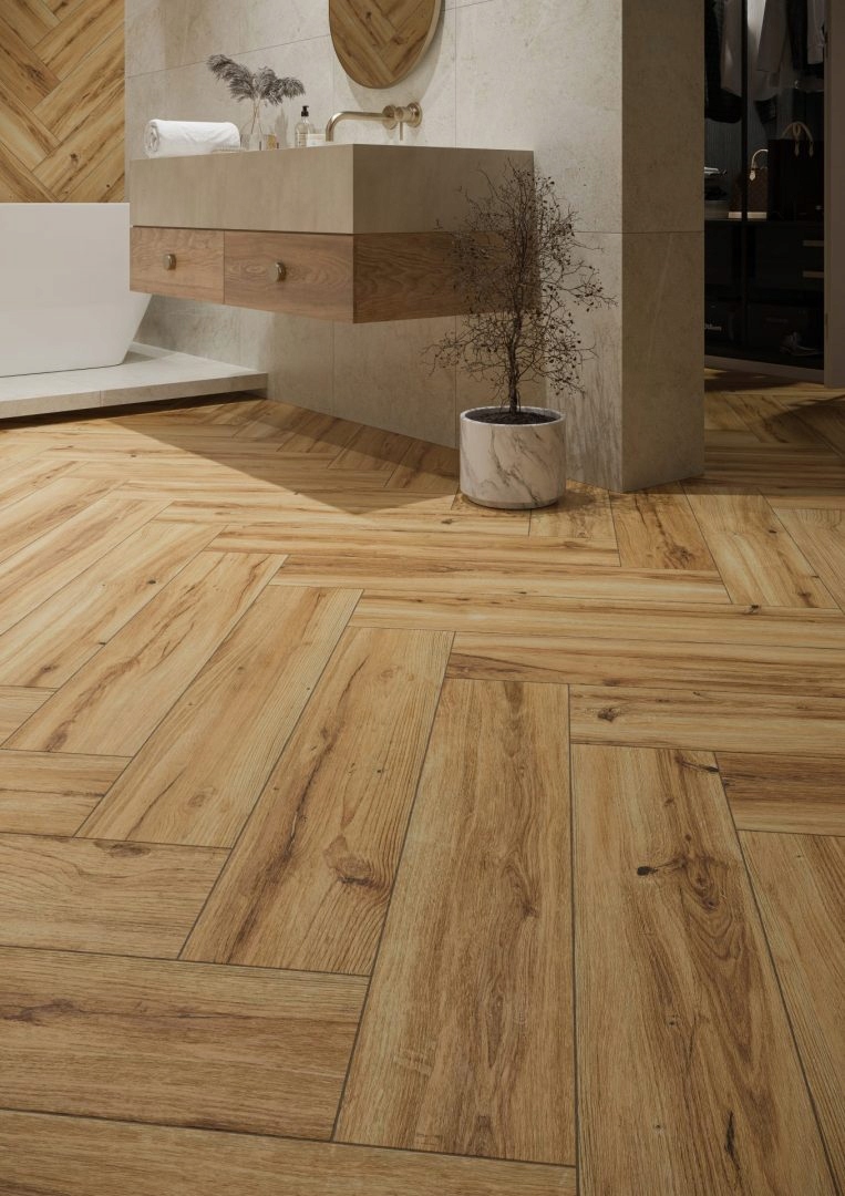 Płytki drewnopodobne jodełka podłogowe beżowe Grapia noce 80x17,5 Cerrad