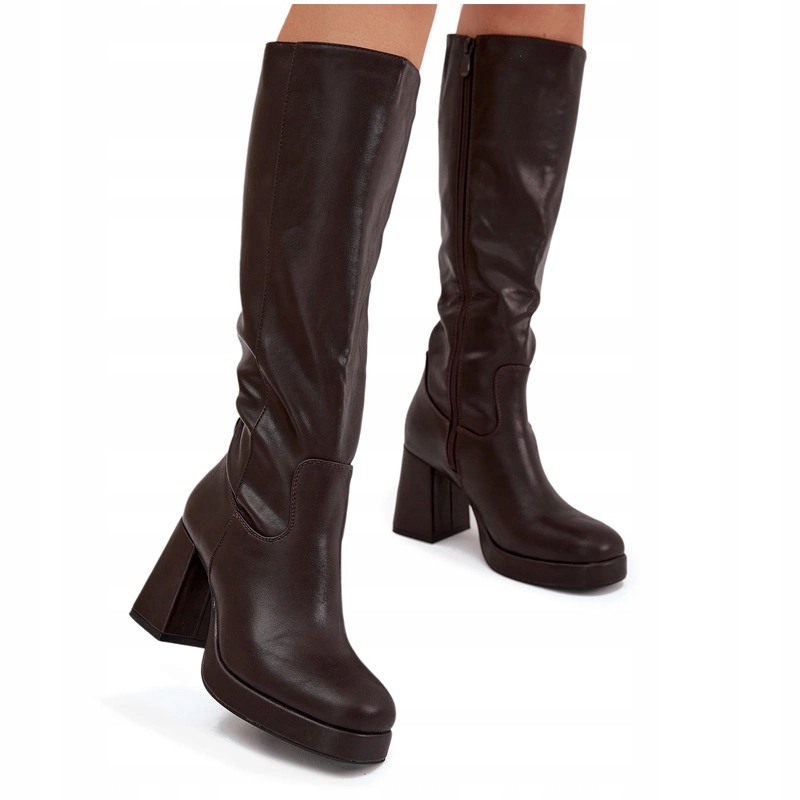 Dámské Kozačky Před Koleno Eko Kůže Podpatek Sloupek Zip Čokoládové 40