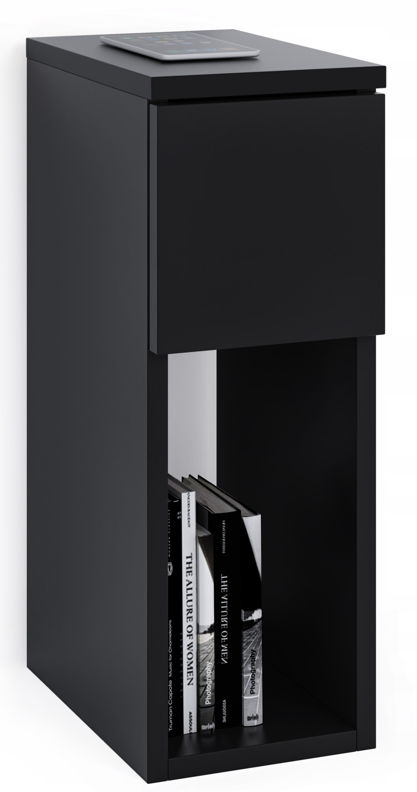 Noční Stolek Černý Úzký 20 CM Se Zásuvkou A Poličkou Loft, Noční Stolek Na Kávu