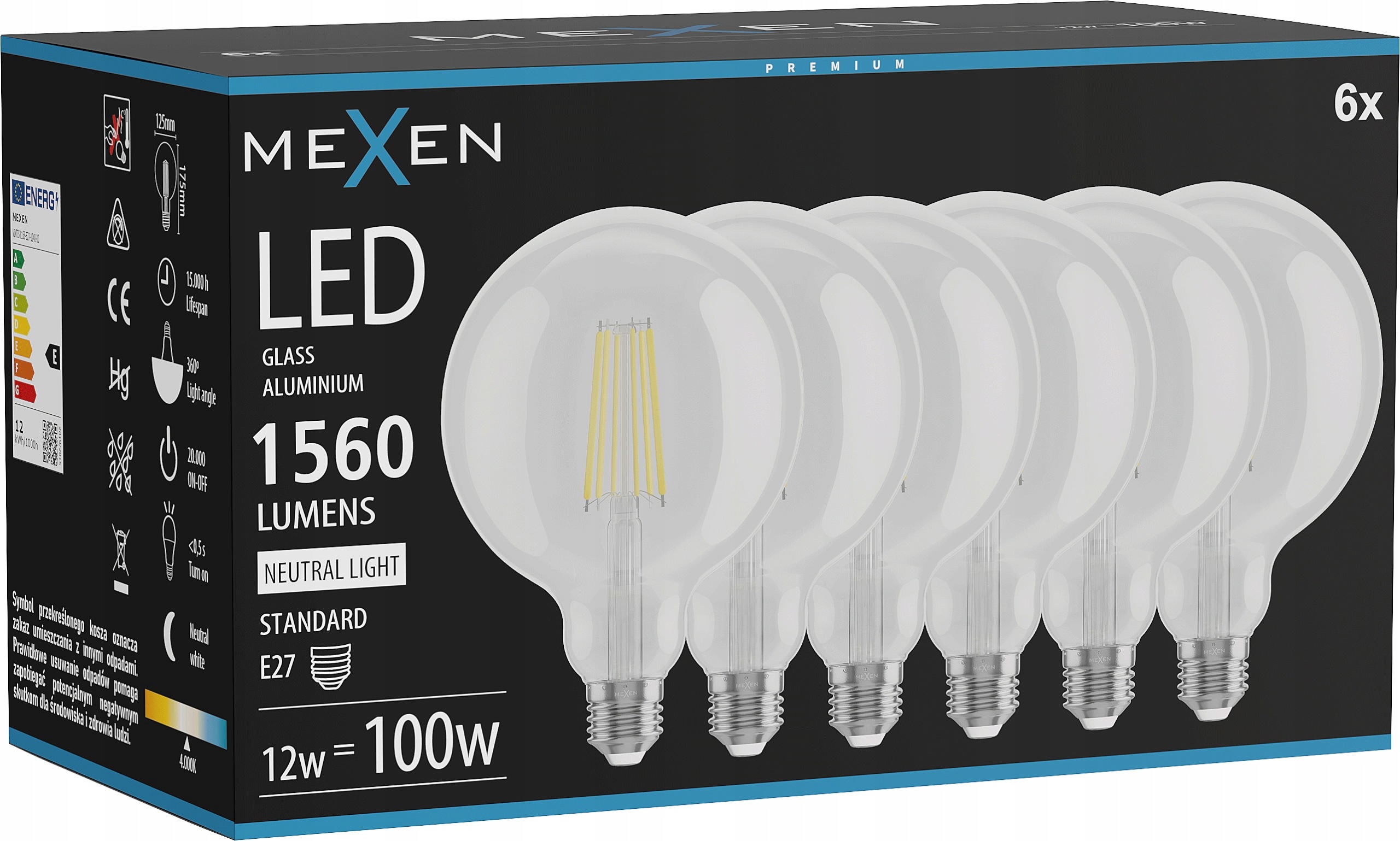 Mexen Vintis 6X Žárovka Filament Led E27 G125 12W 4000K 1560 LM Clear