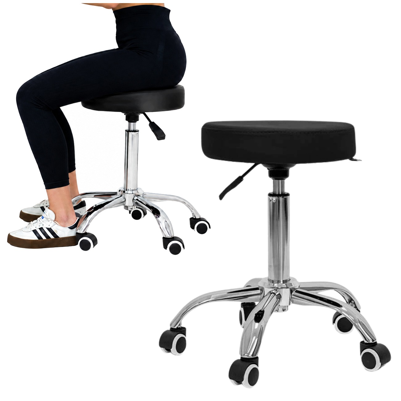 Taboret Obrotowy Na Kółkach Z Pianką Comfort Czarny Do 150KG Aion Akito