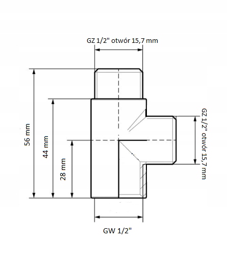 TRÓJNIK 1/2'' MOSIĘŻNY GZ/GZ/GW NYPLOWY WZMACNIANY Typ kształtka