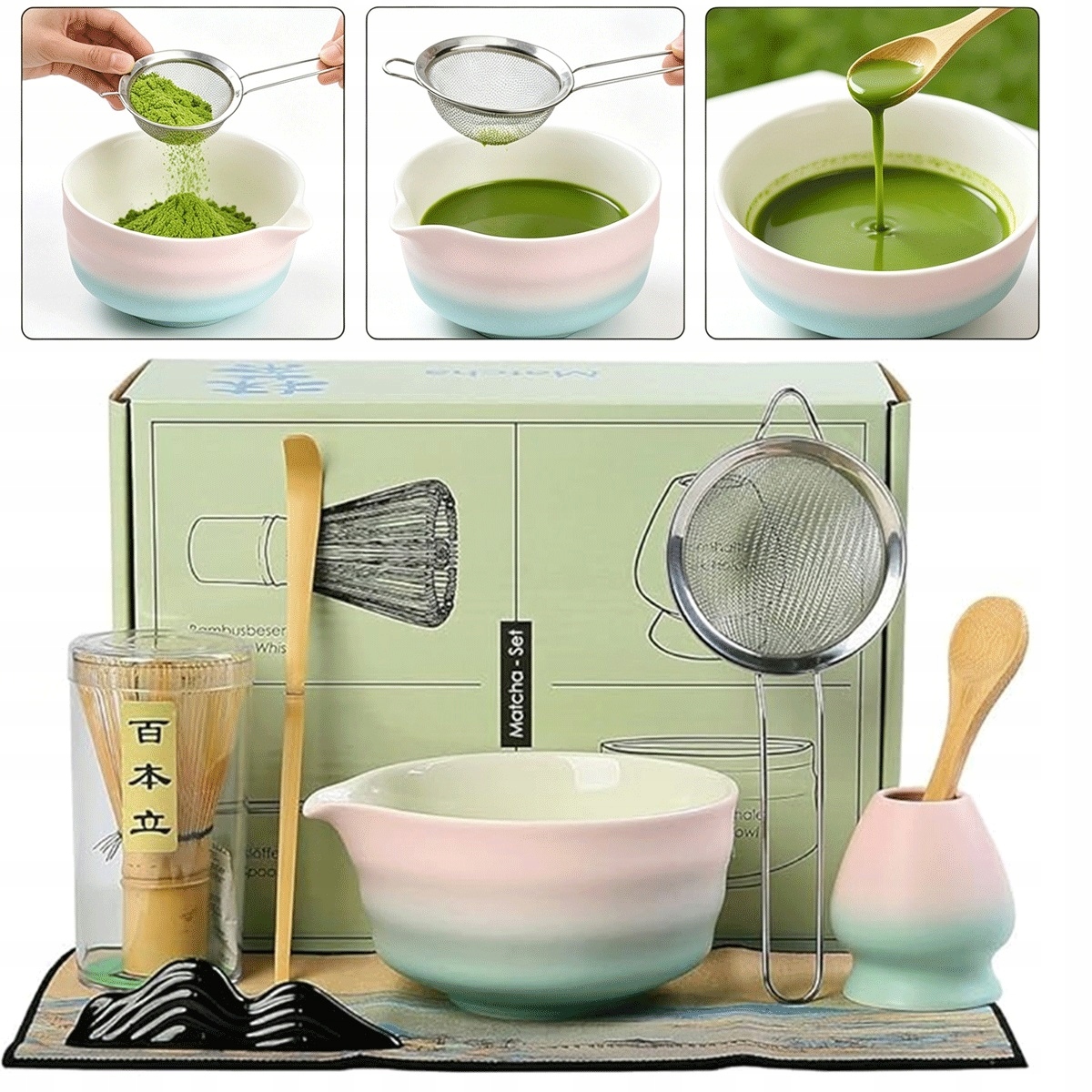 Sada na vaření matcha keramická gradient růžová s lžící a podstavcem