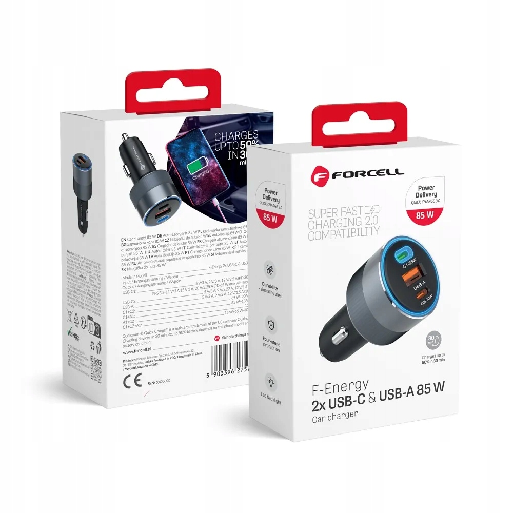 Forcell F-energy Alu automobilová 2 x typ C Usb A Pd QC4.0 SFC2.