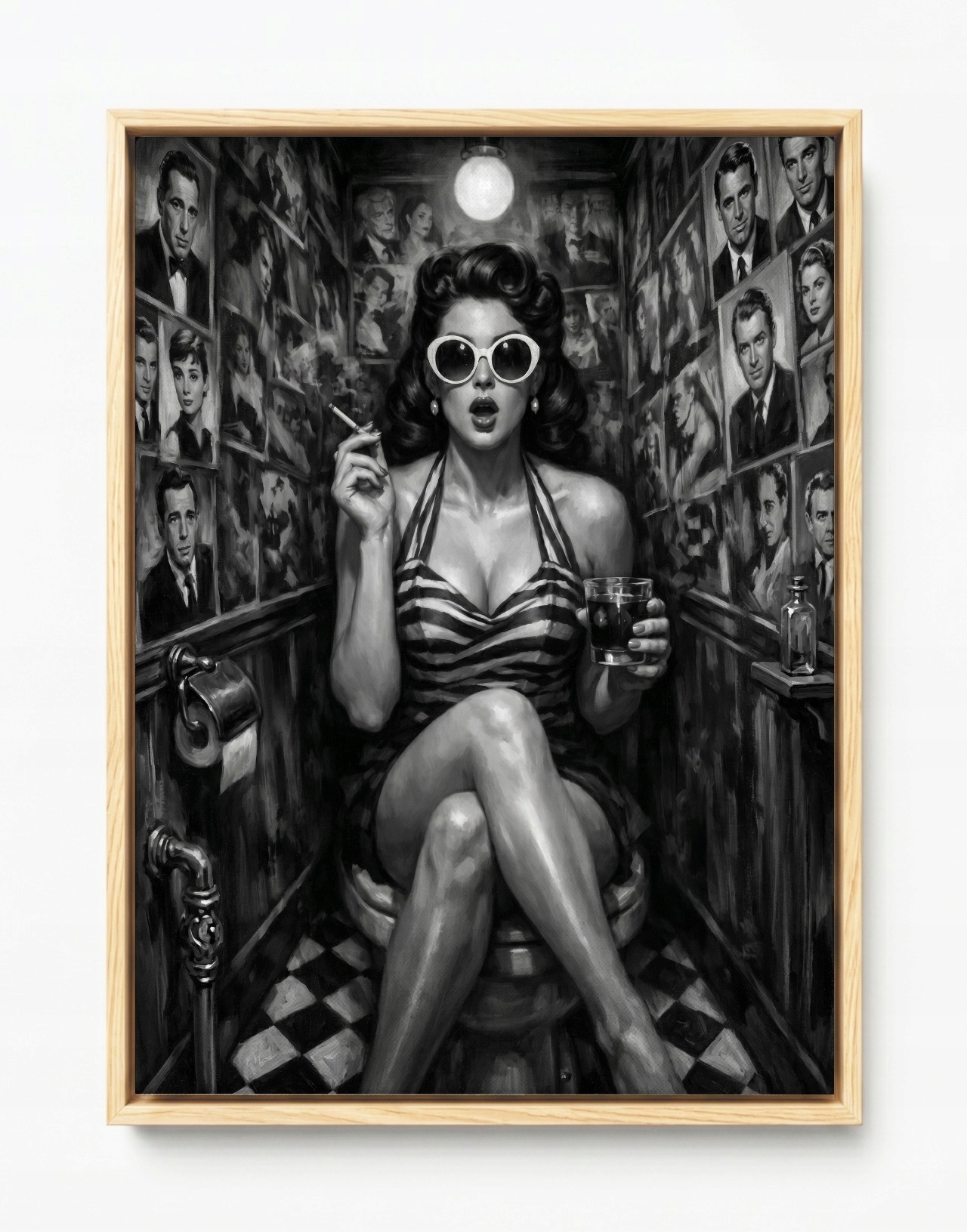 Obraz Rama Americká Krabička Žena Toaleta Wc Papieros Drink Humor B&w 75x100