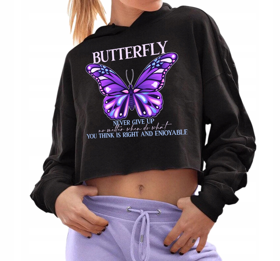 Černá Mikina Dámská Cropped S Kapucí Never Give Up Butterfly Různé Wz L