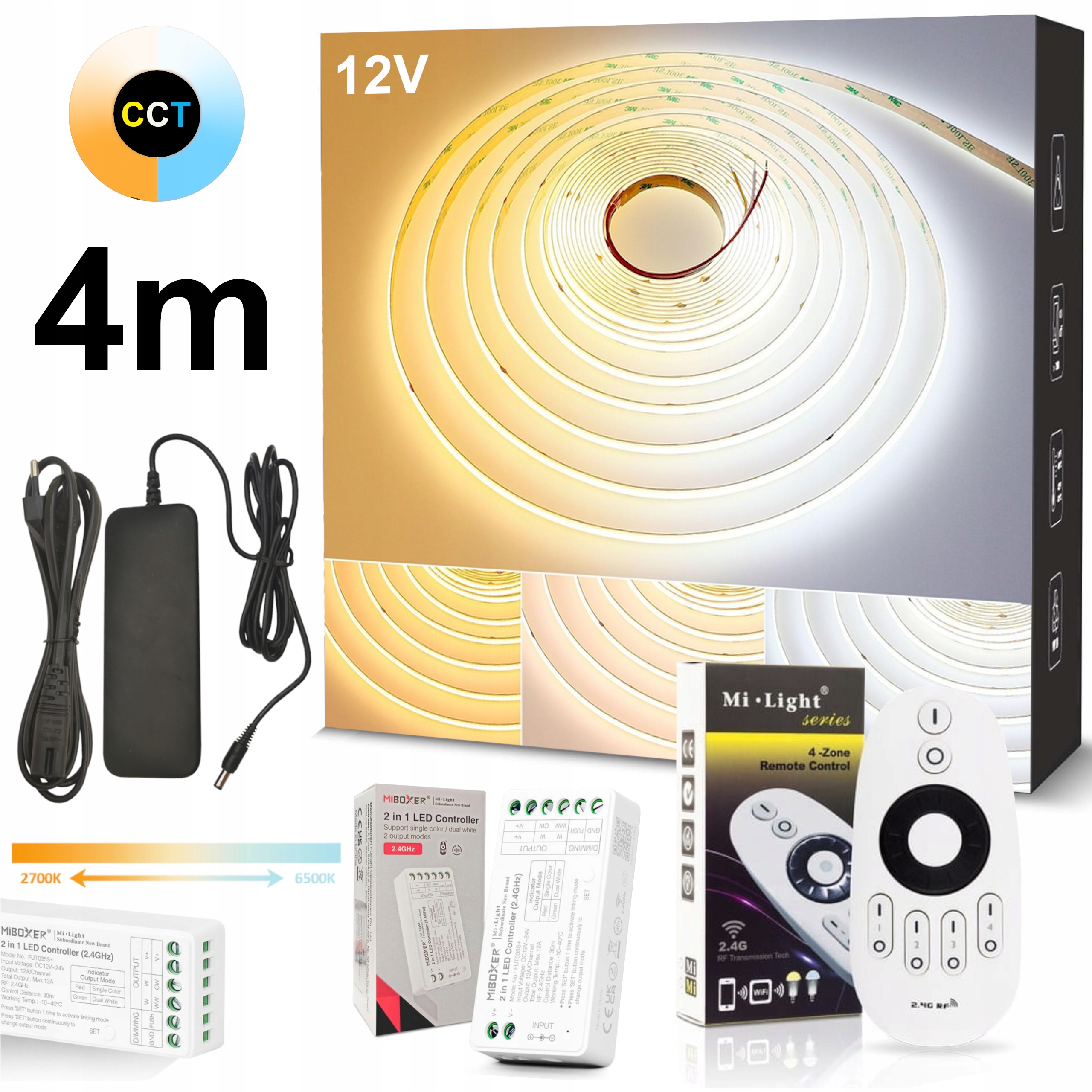 Led pásik 4 m Cob Cct 12V 2700K-6500K Variabilný Ovládač A Napájací Zdroj