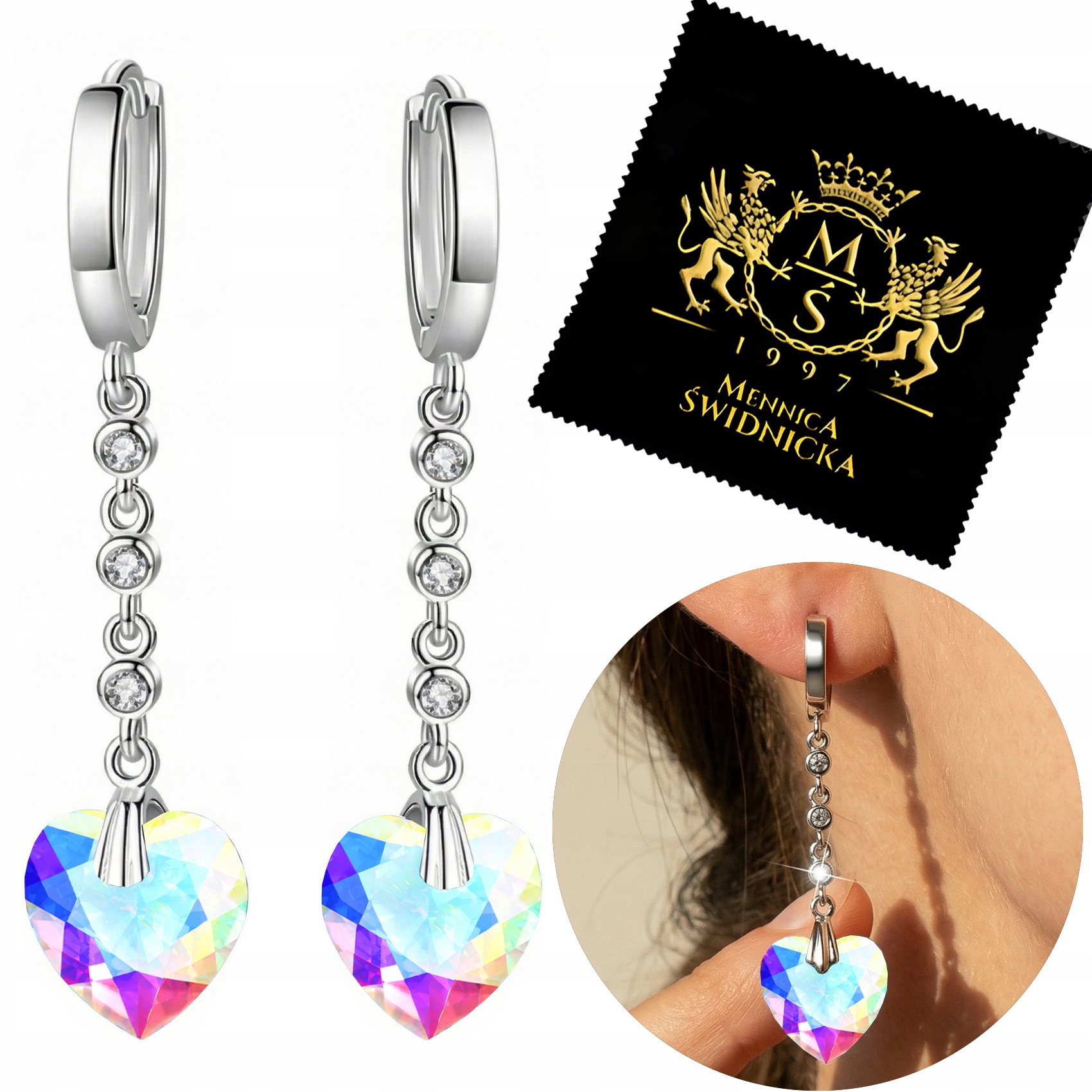 Dlouhé Náušnice Stříbro 925 Srdce Závěsné Zirkony Srdce Anglické zapínání