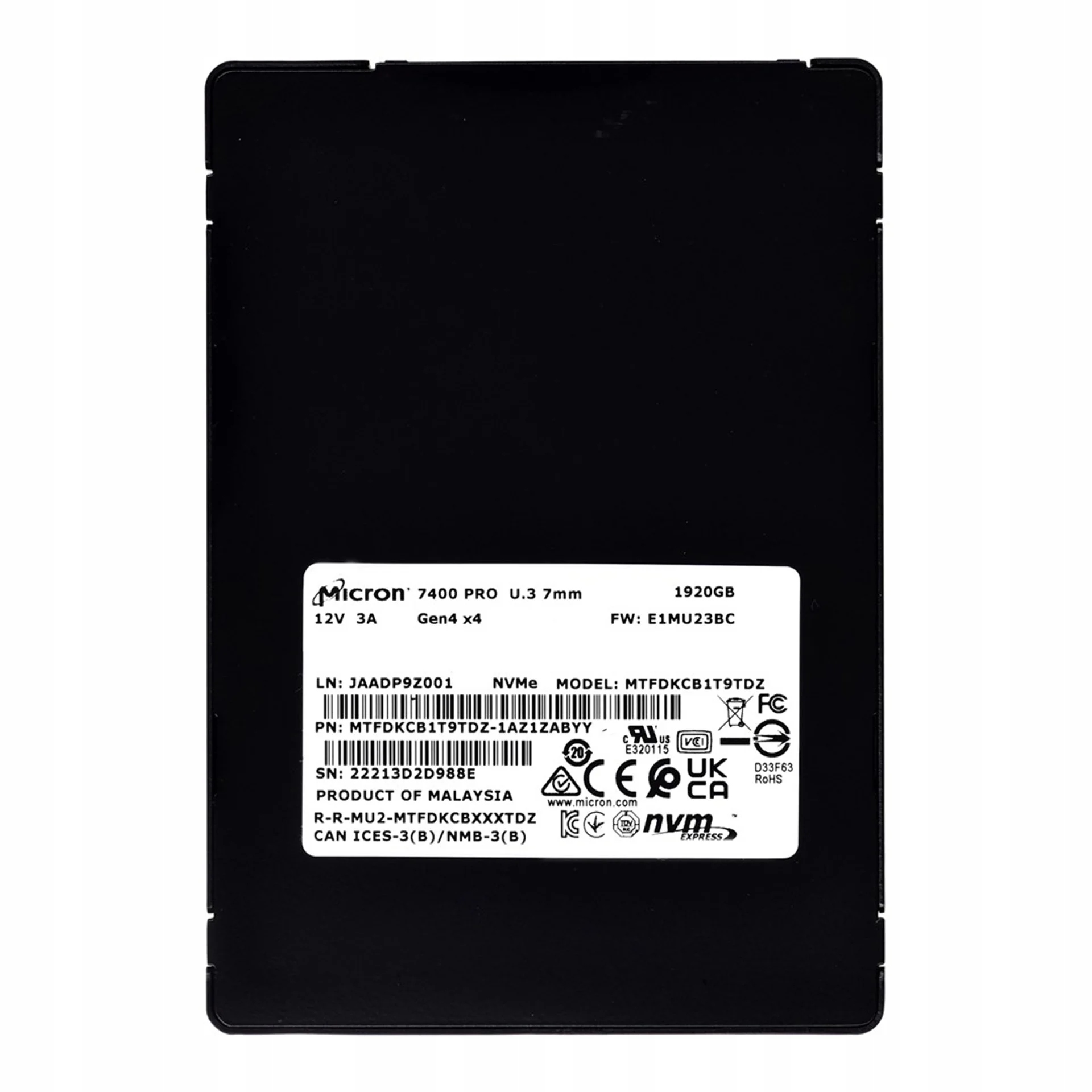 Dysk 1.92TB Ssd U.3 NVMe Gen4 Micron 7400 Pro MTFDKCB1T9TDZ-1AZ1ZABYY