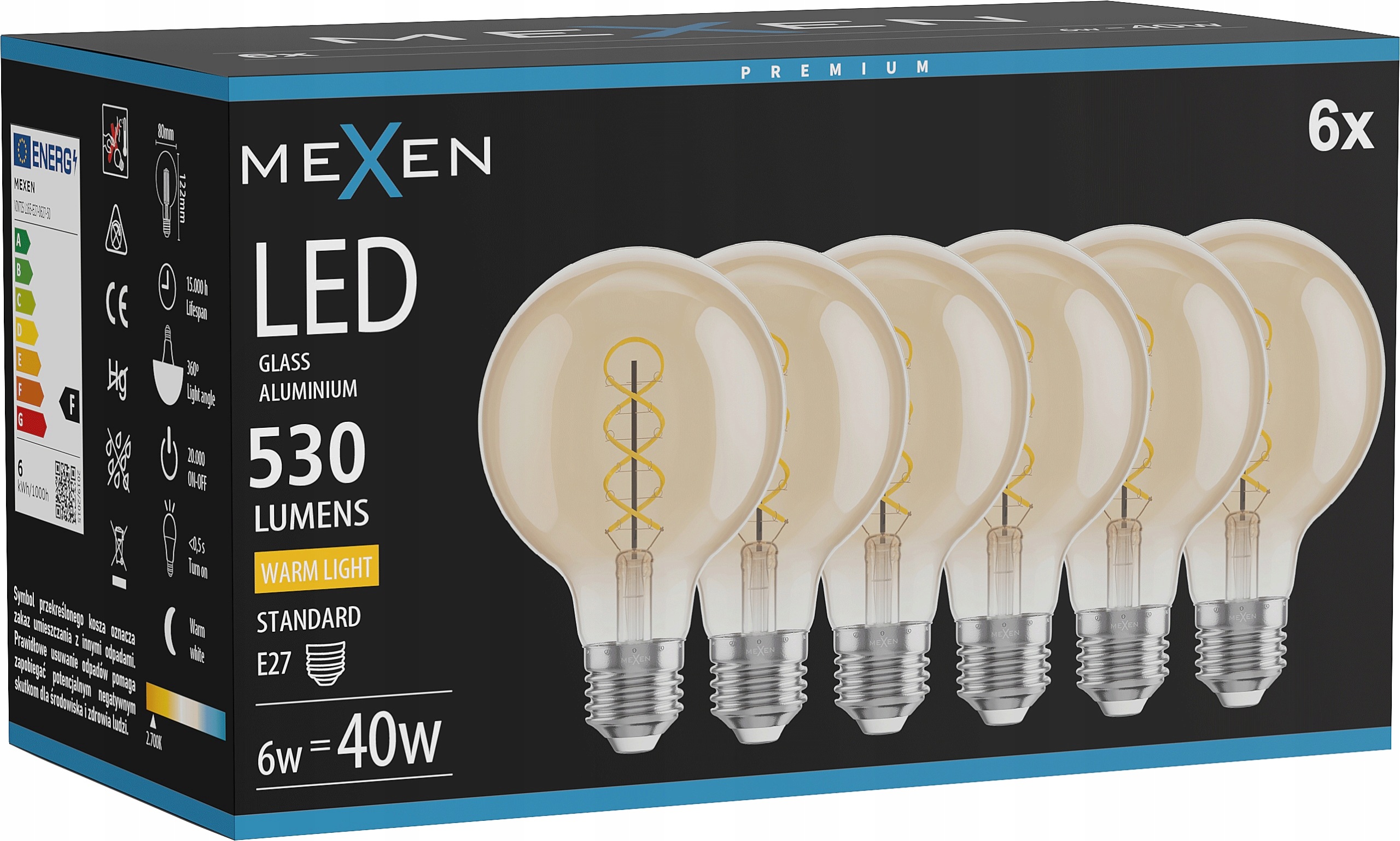 Mexen Vintis 6X Žárovka Filament Spirála Led E27 G80 6W 2700K 530 LM Amber