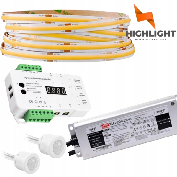 20m Schodiskový set Kaskádový zväzok Cob Led pásik 8W 24V MoNo+pohybové senzory