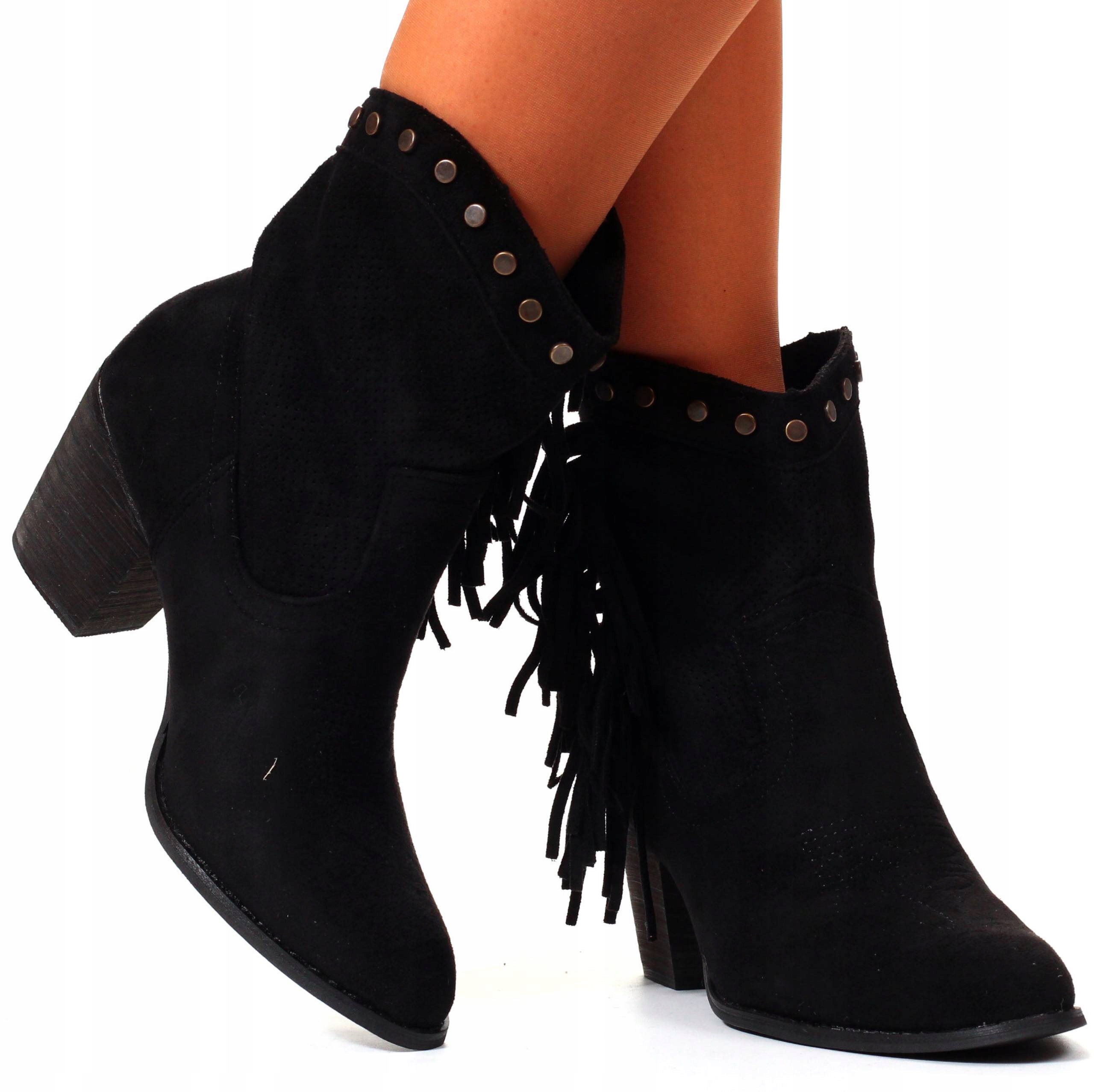 CZARNE KOWBOJKI BUTY DAMSKIE NA OBCASIE ZAMSZOWE Marka inna