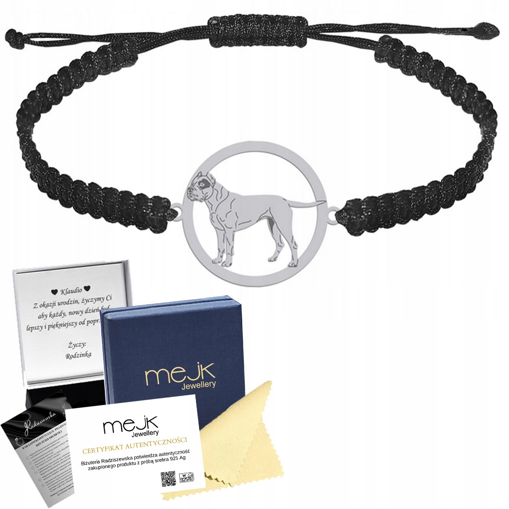Stříbrný náramek s psem Argentinský pes 925 Makramé Gravírování Bonus