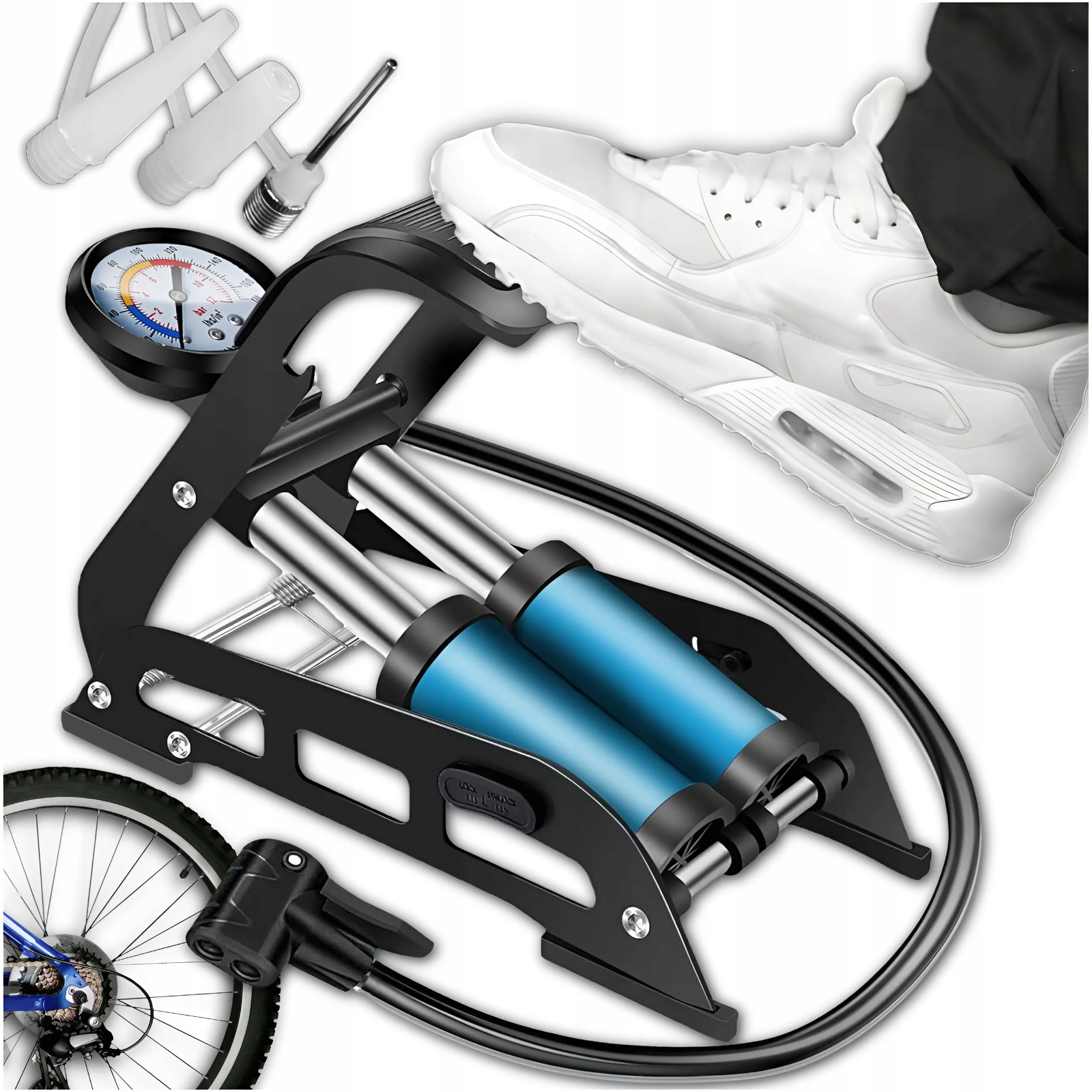 MOCNA POMPKA NOŻNA DWUTŁOKOWA SAMOCHODOWA ROWEROWA Z MANOMETREM Stan opakowania oryginalne