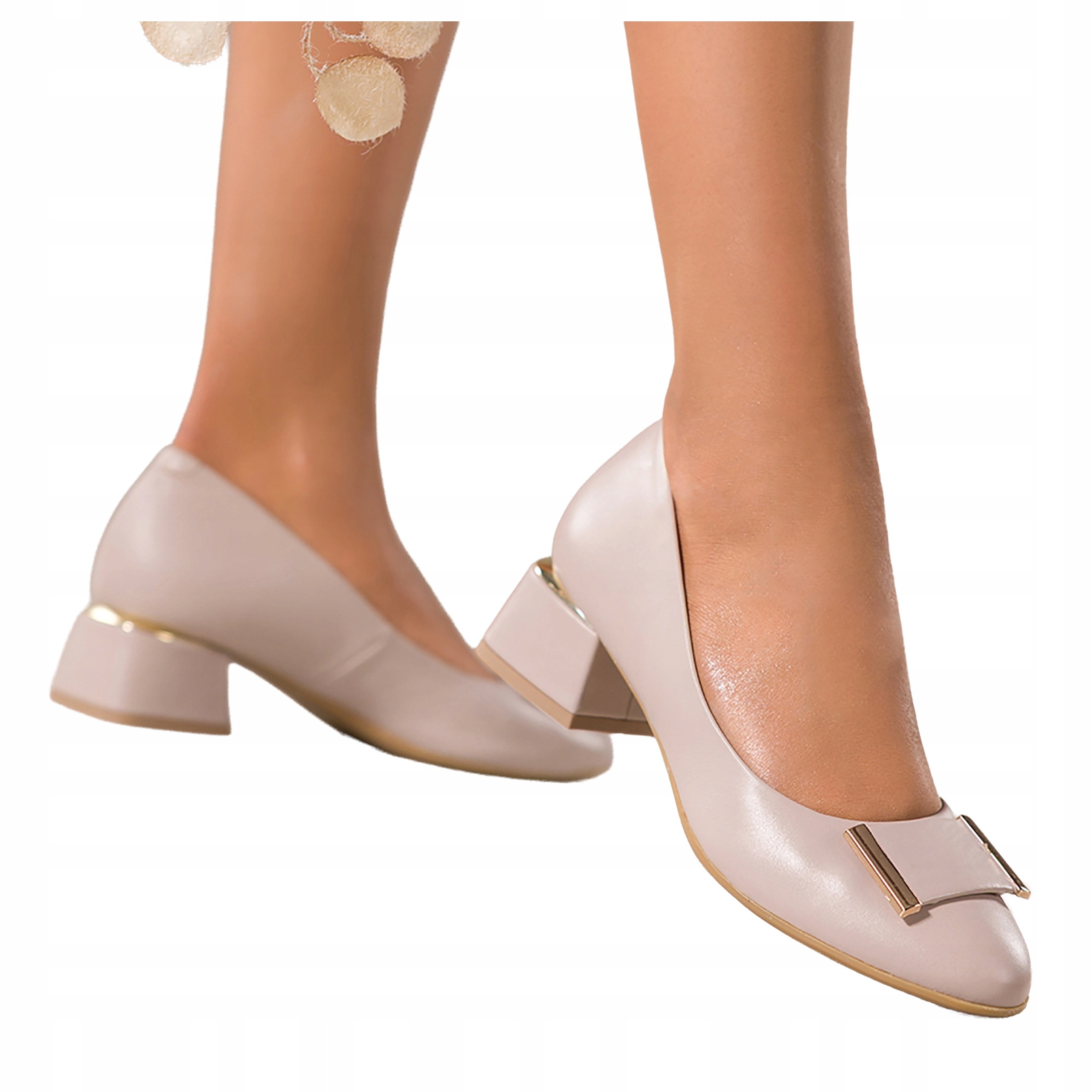 Beżowe Czółenka Damskie Skórzane Polskie Efektowna Ozdoba Niski Klocek r 39