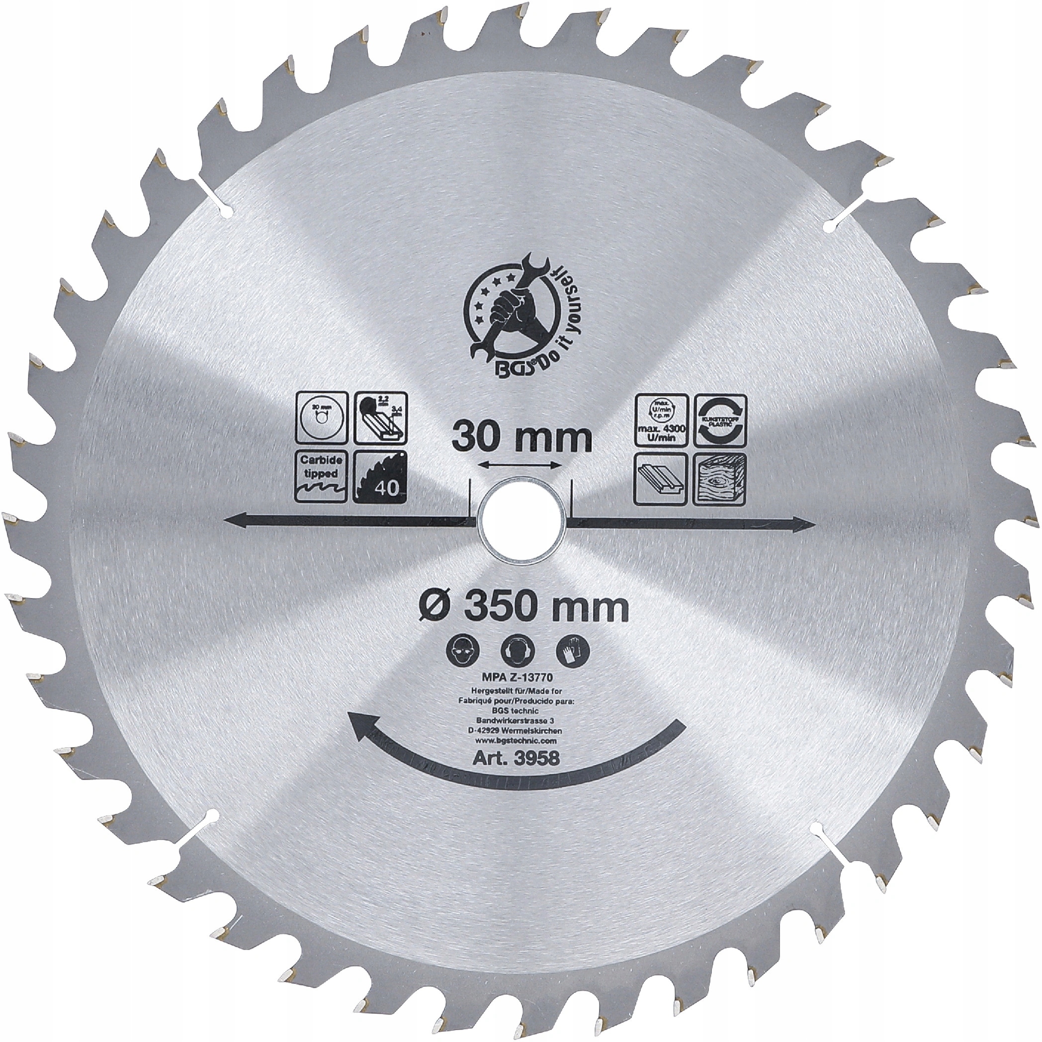 Bgs 3958, Pilový kotouč ze slinutého karbidu Ø 350 x 30 x 3,4 mm |40 zubů