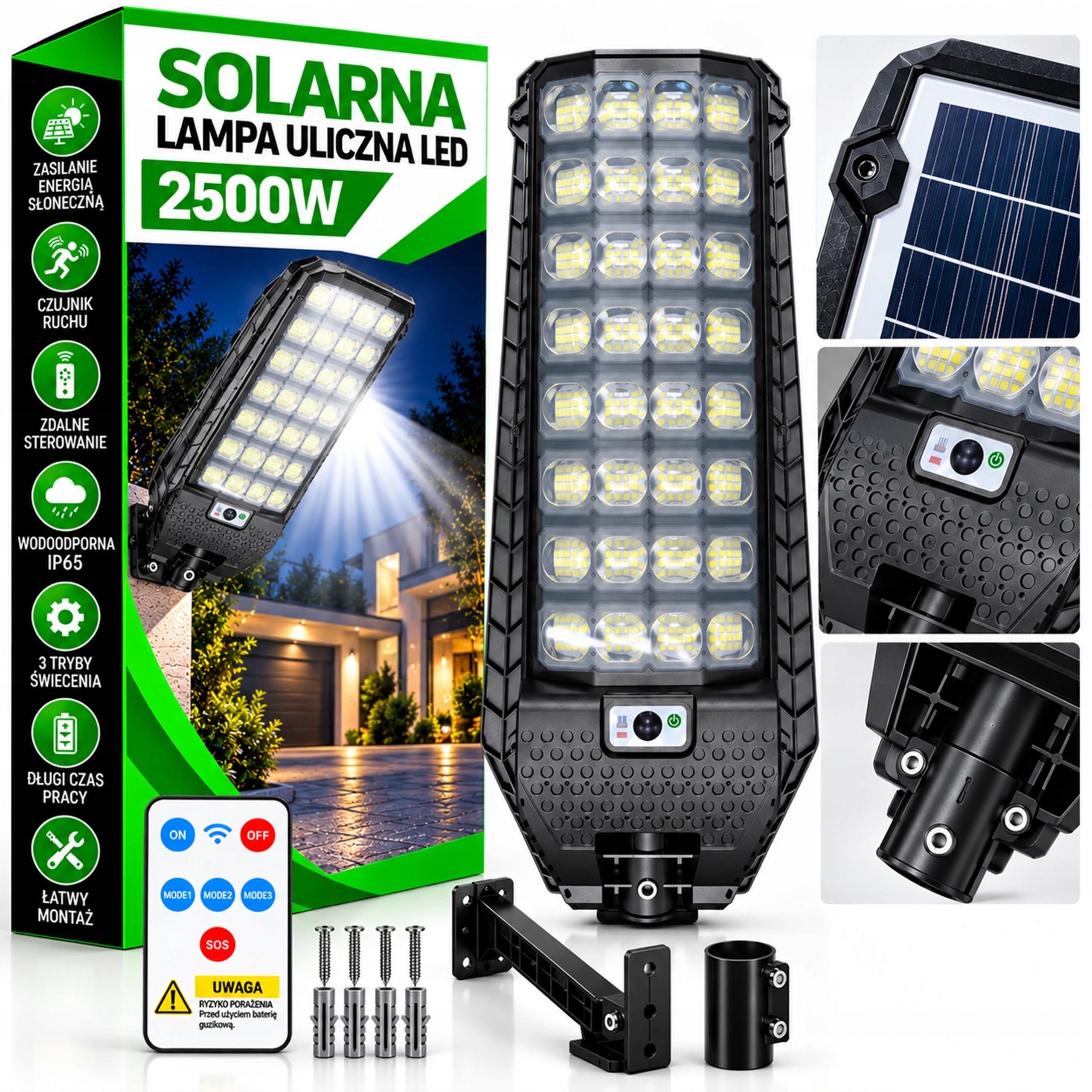 Solární Lampa 2500W Se Senzorem Pohybu A Stmívání IP65 Ovladač