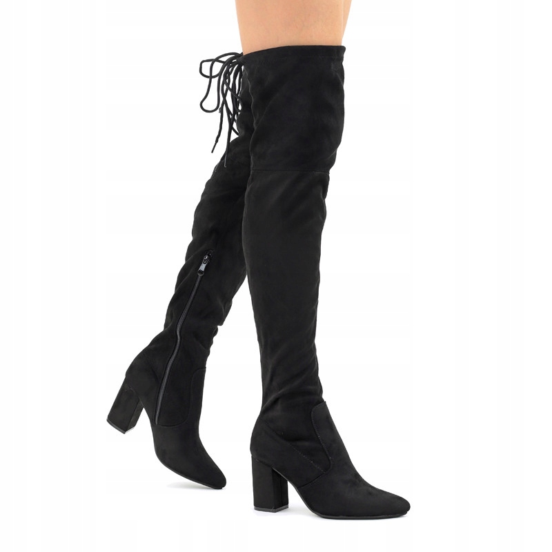 Černé vysoké dámské kozačky za kololano, zateplené, mušketýrky, vysoké