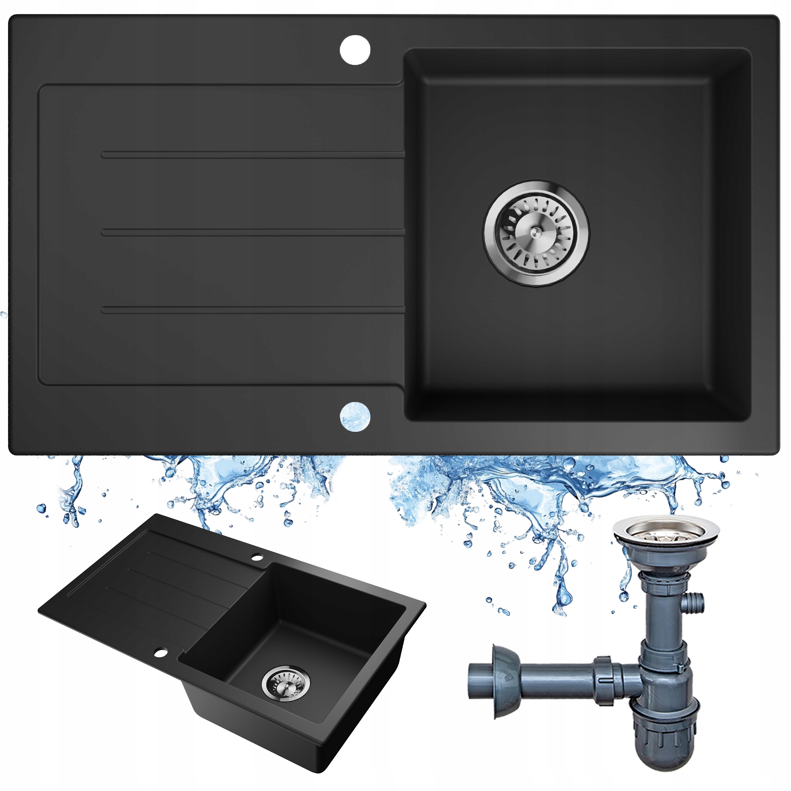 Černý granitový dřez, velký jednokomorový dřez sifon