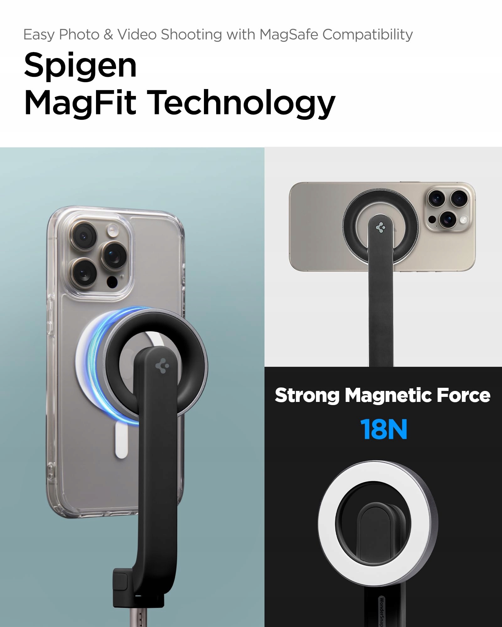 SPIGEN Magsafe Selfie Stick Statyw Bluetooth iPhone 16 Samsung S24 Czarny — miniatura 3