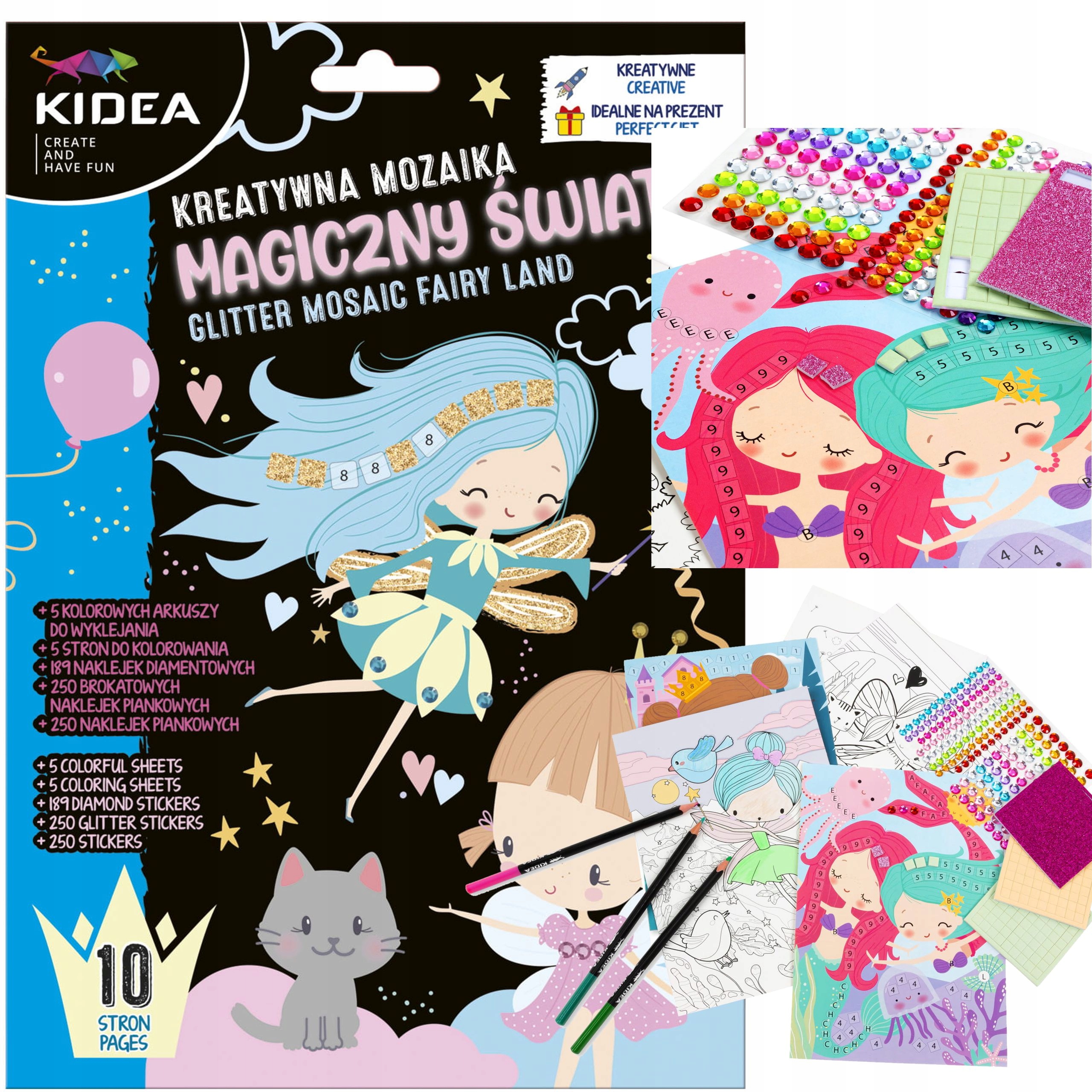KREATYWNA MOZAIKA MAGICZNY ŚWIAT 5 ARKUSZY KIDEA NAKLEJKI BROKAT I DIAMENTY