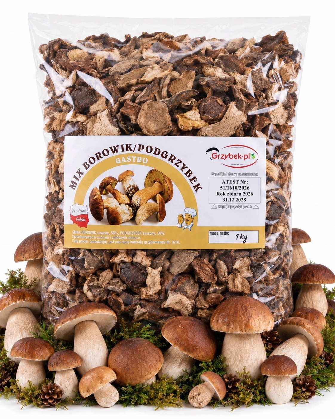 MIX Borowik+podhoubík Gastro 1kg Nový Sběr 2026 Pl Atest sušené houby